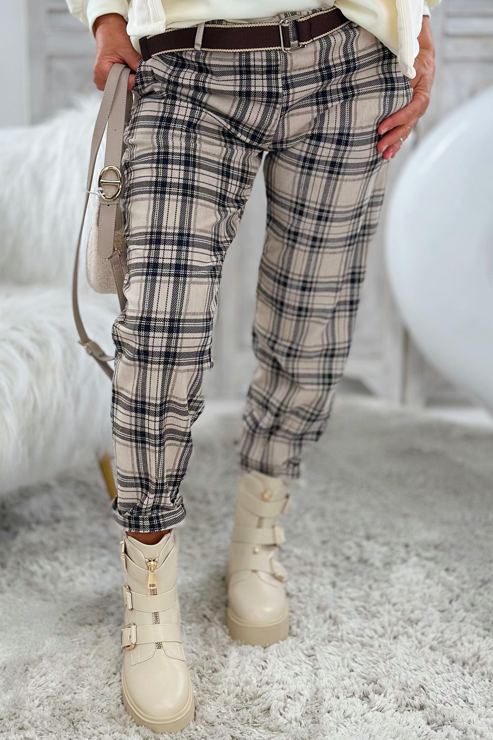 Feincord Karo-Hose, beige-schwarz