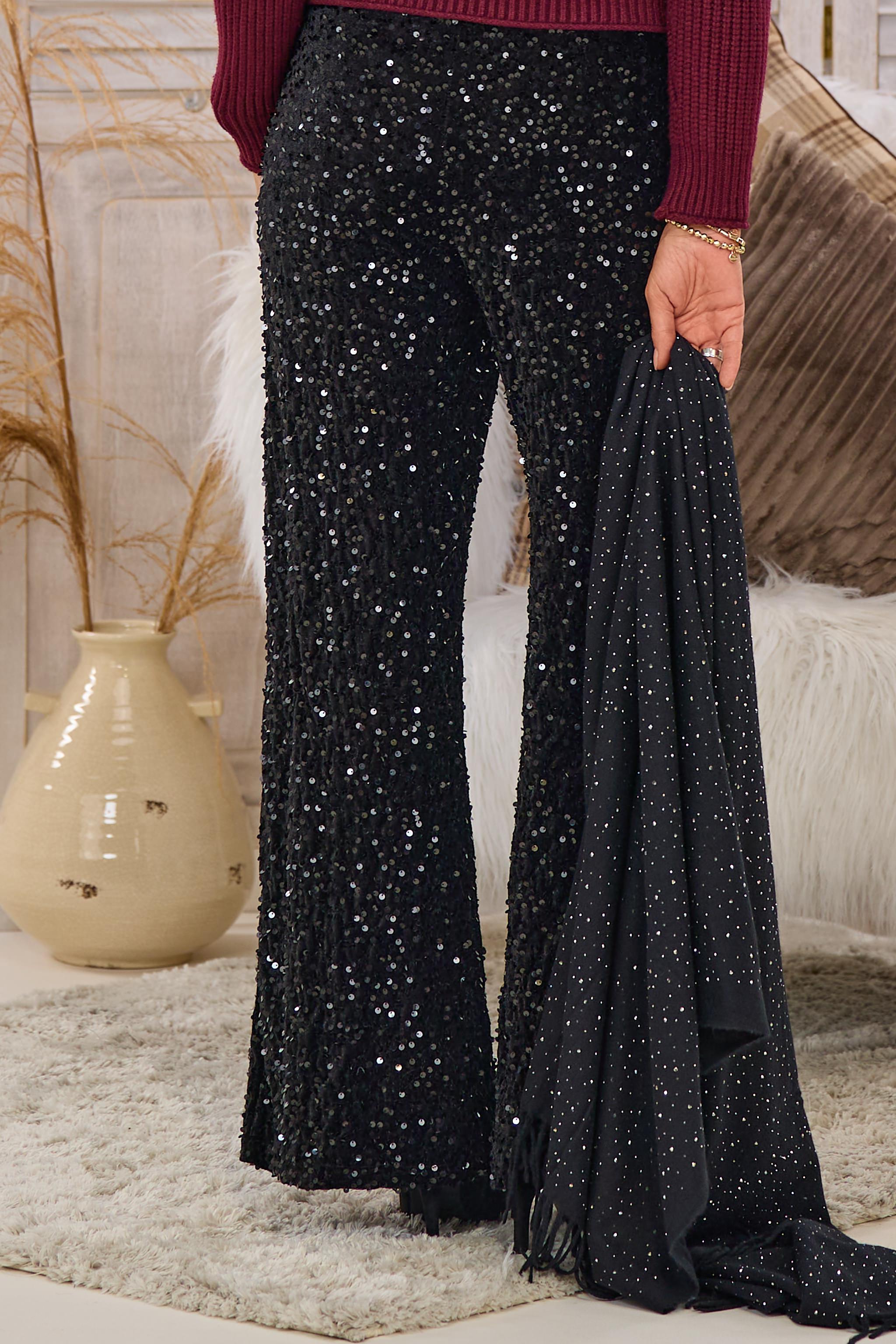 Samthose mit Pailletten, schwarz