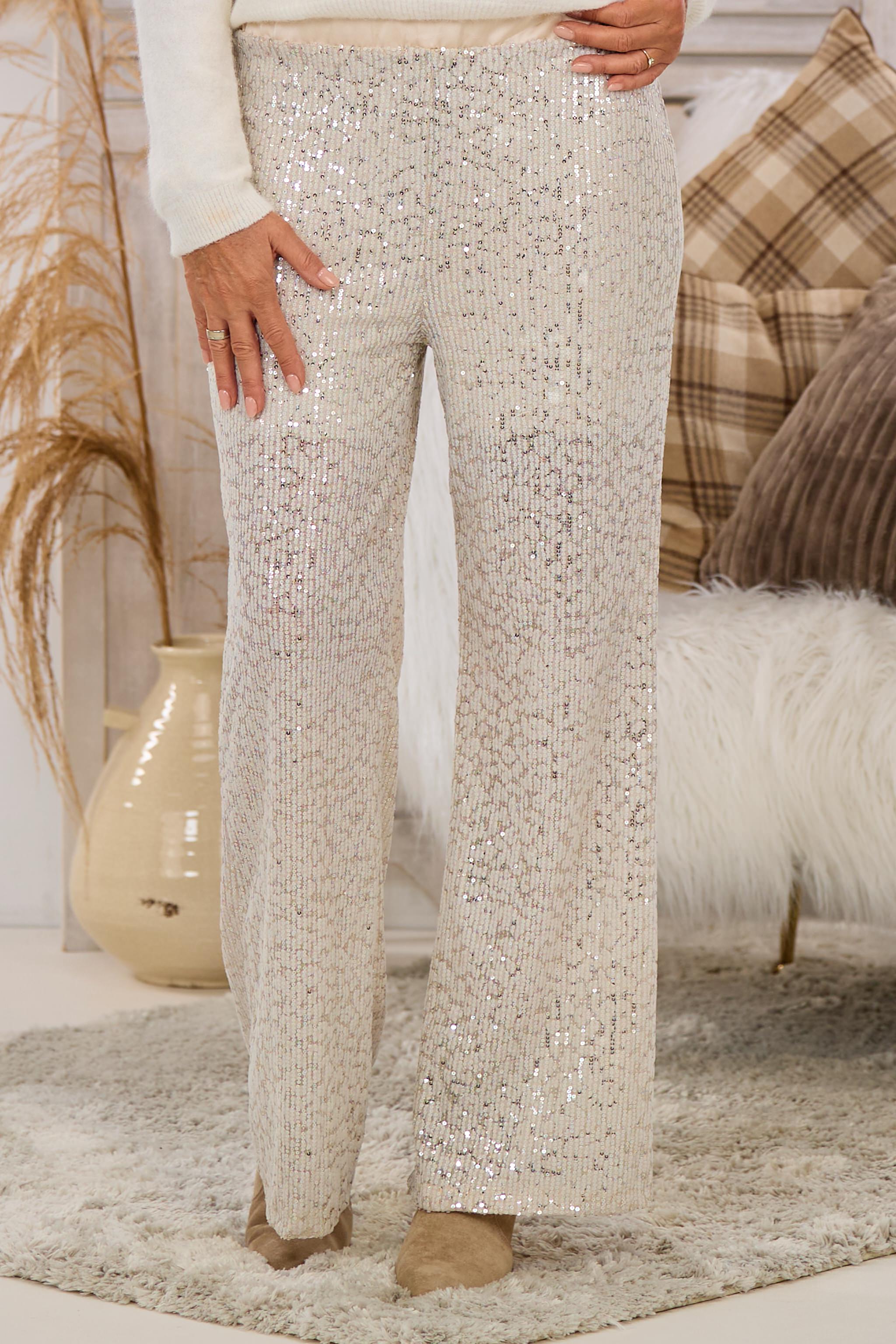 Hose mit Pailletten, beige-silber