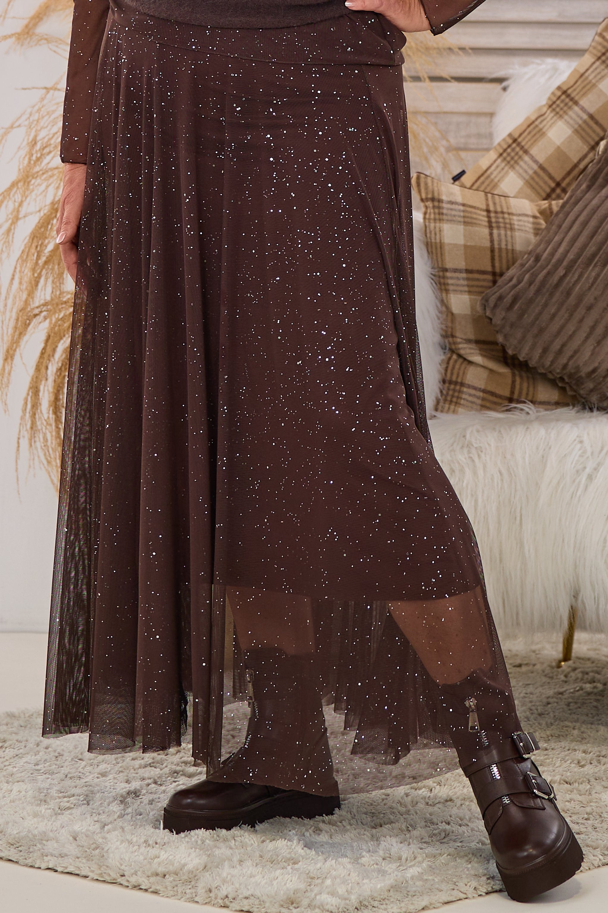 Langer Netz-Rock, braun-silber