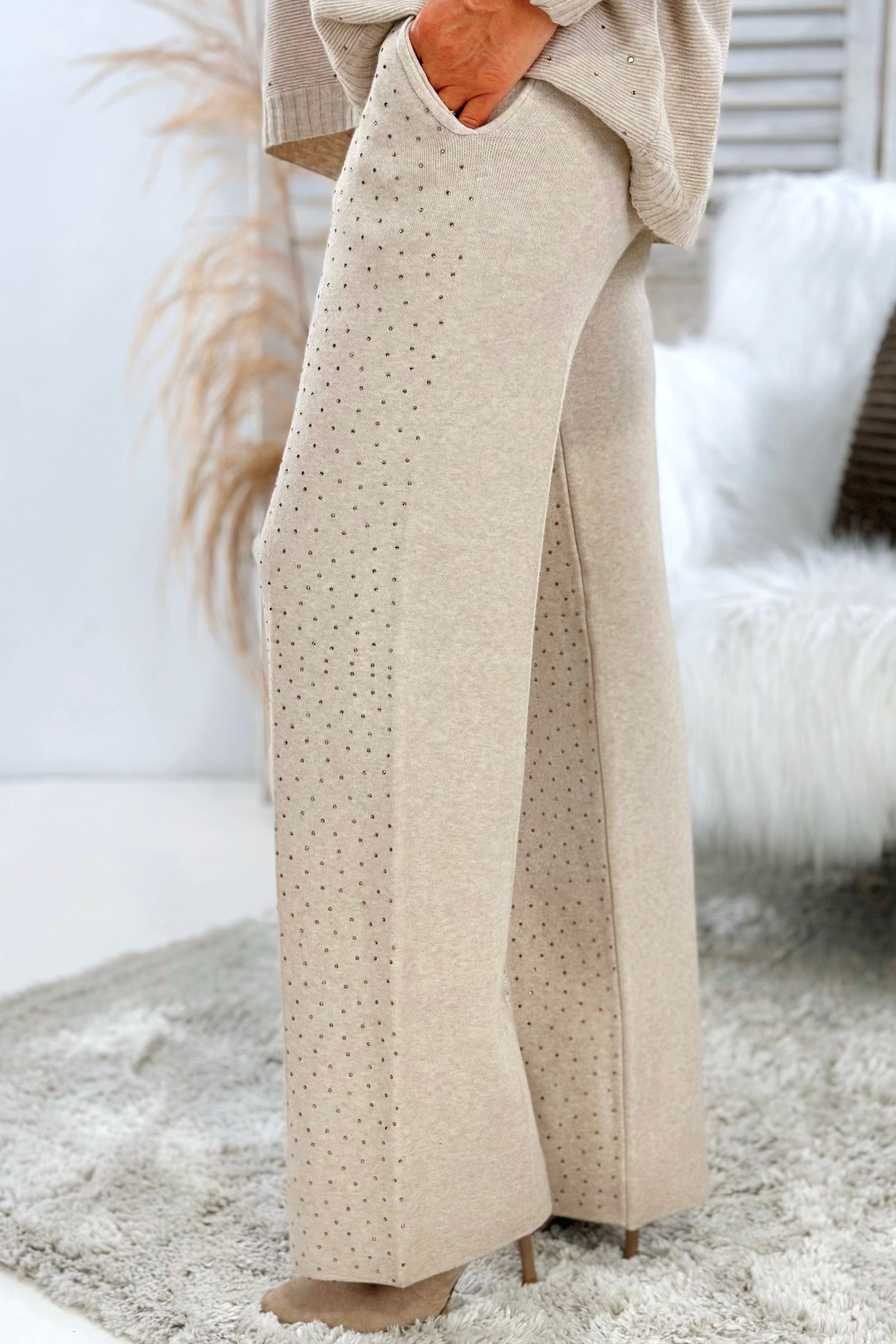 Feinstrickhose mit Glitzersteinchen, beige