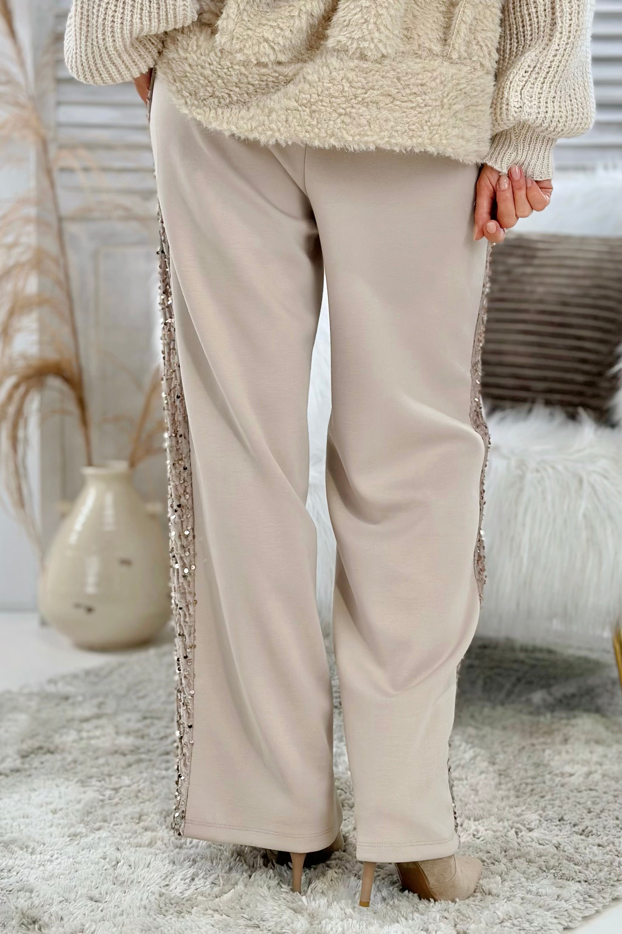 Cozy Hose mit seitlichen Glitzerstreifen, taupe