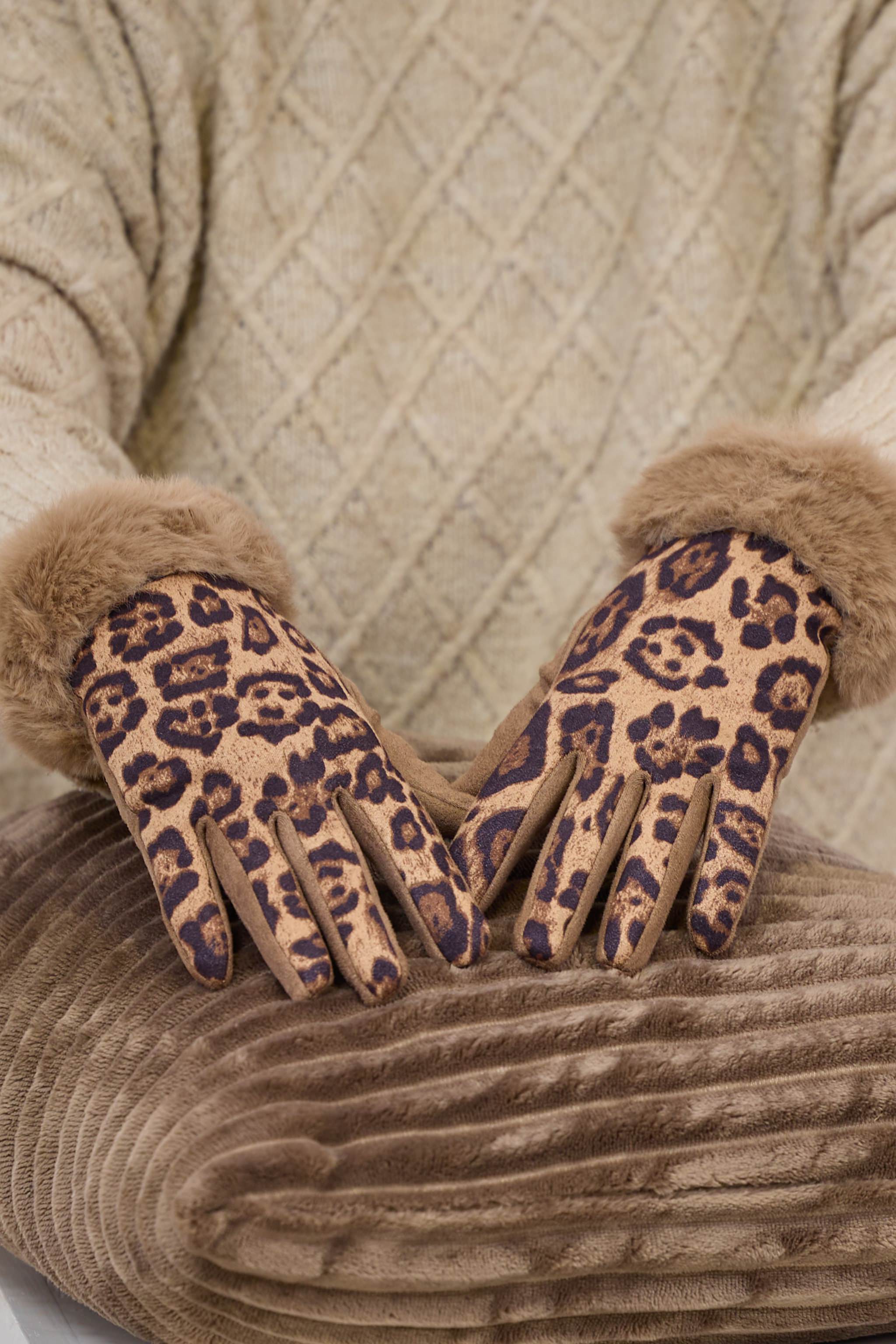 Handschuhe mit Fell-Abschluss, taupe-leo