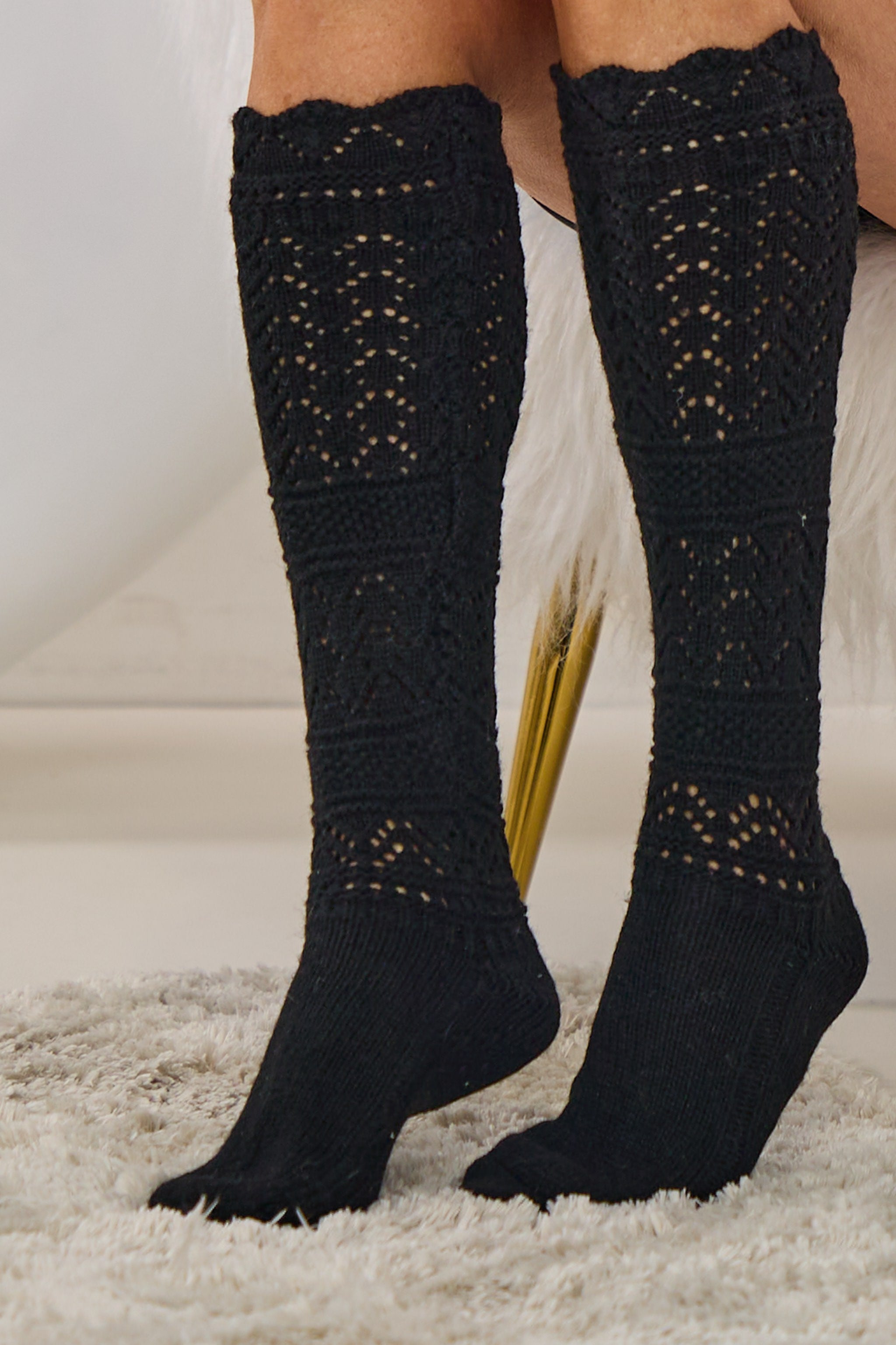 Kniestrümpfe mit Lochstrickmuster, schwarz