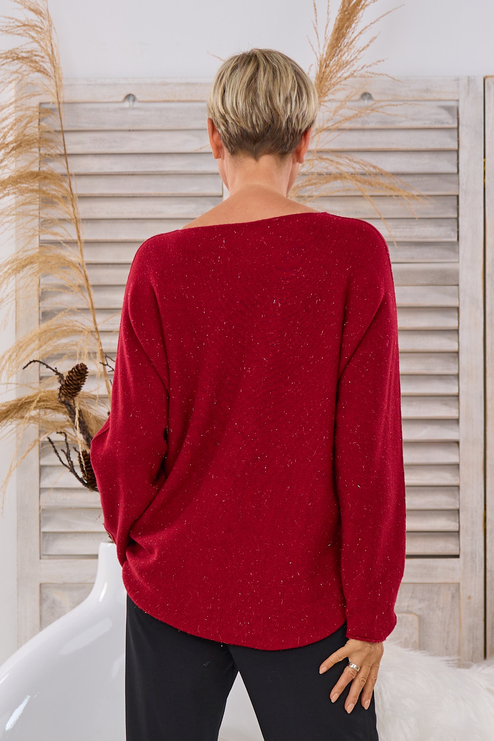 Strickpulli quergestrickt mit Silberfäden, weinrot