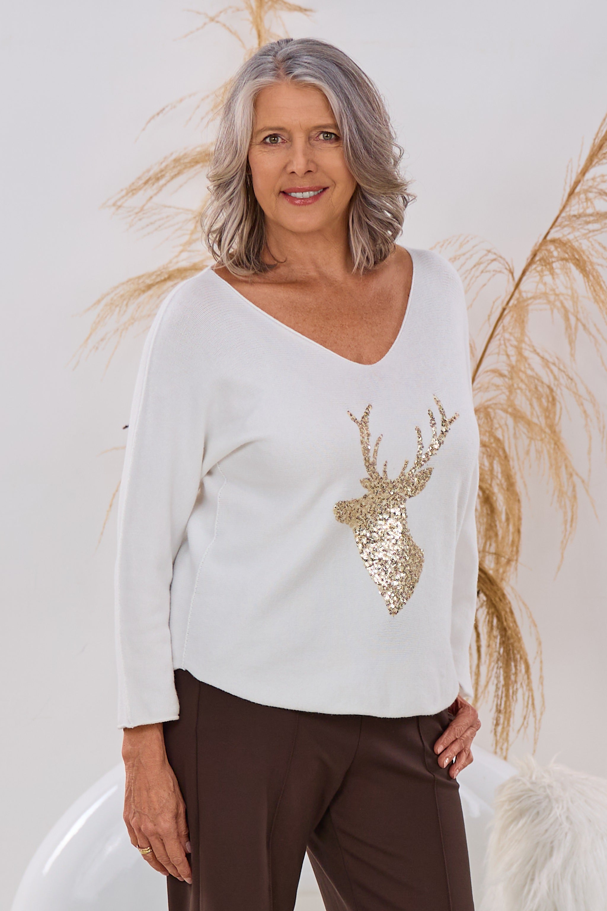 quergestrickter Pulli HIRSCH, ecru