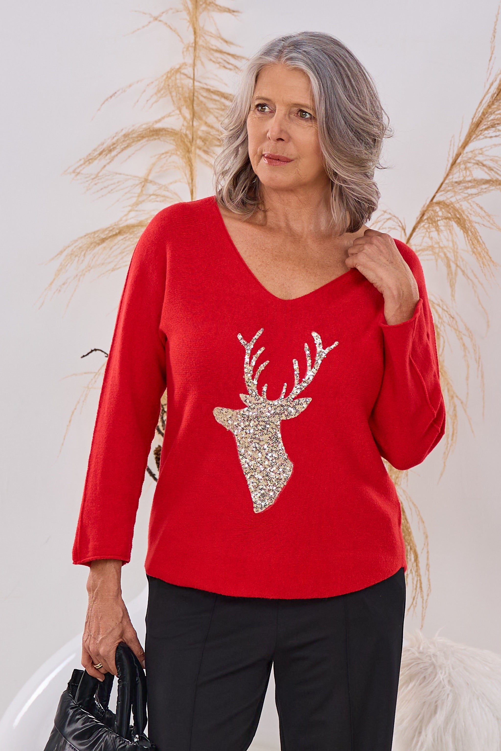 quergestrickter Pulli HIRSCH, rot
