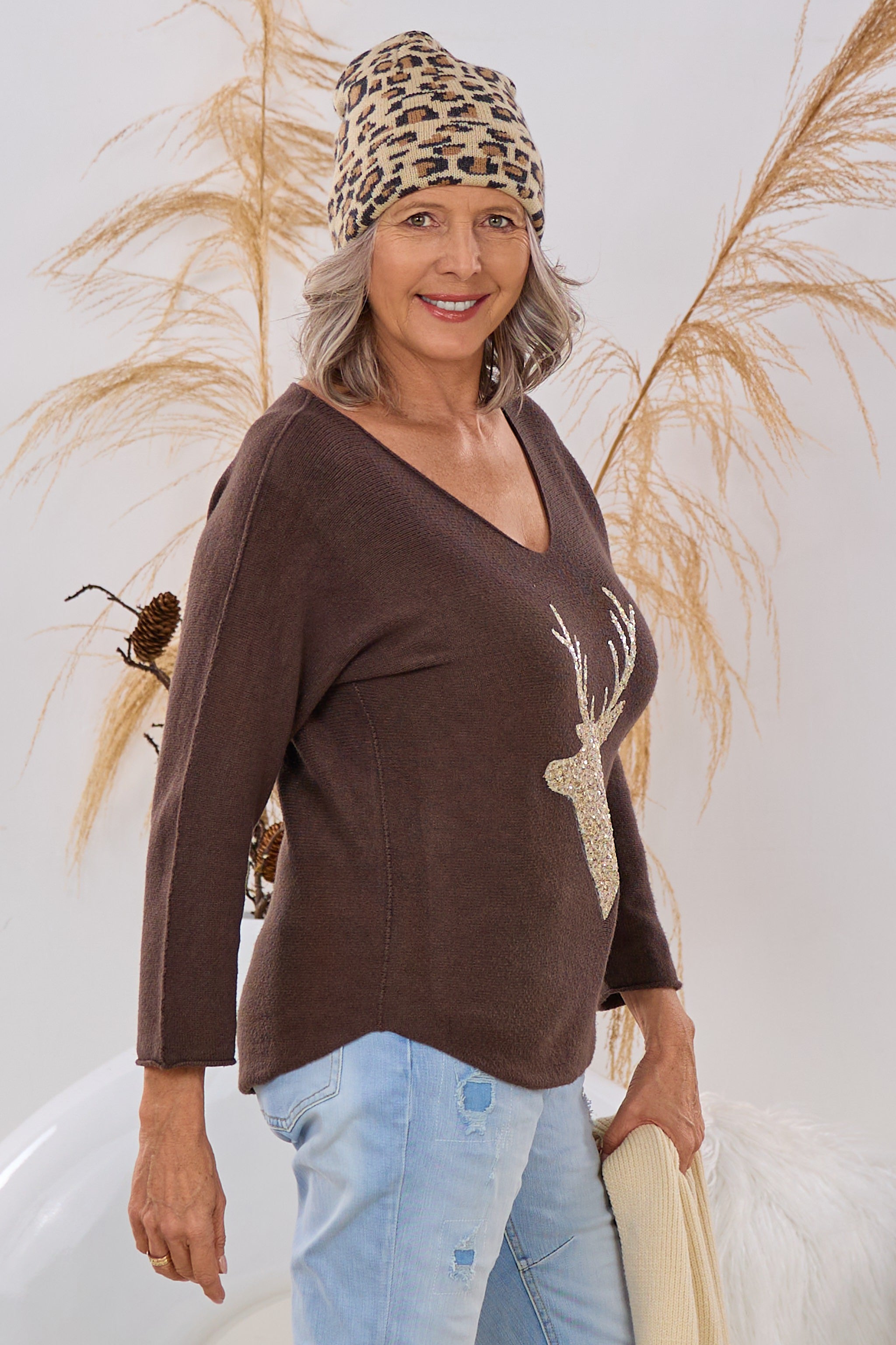 quergestrickter Pulli HIRSCH, braun