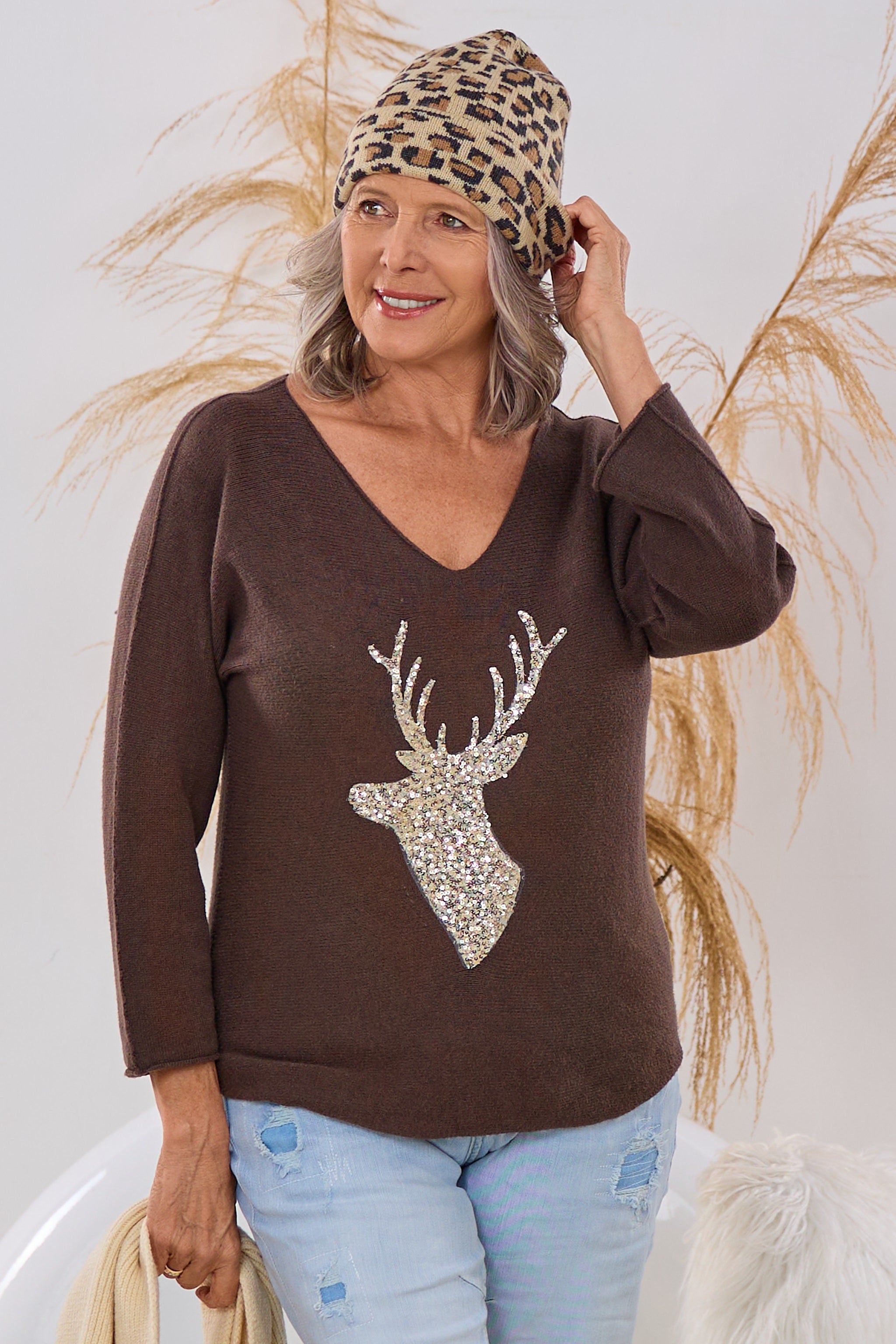quergestrickter Pulli HIRSCH, braun