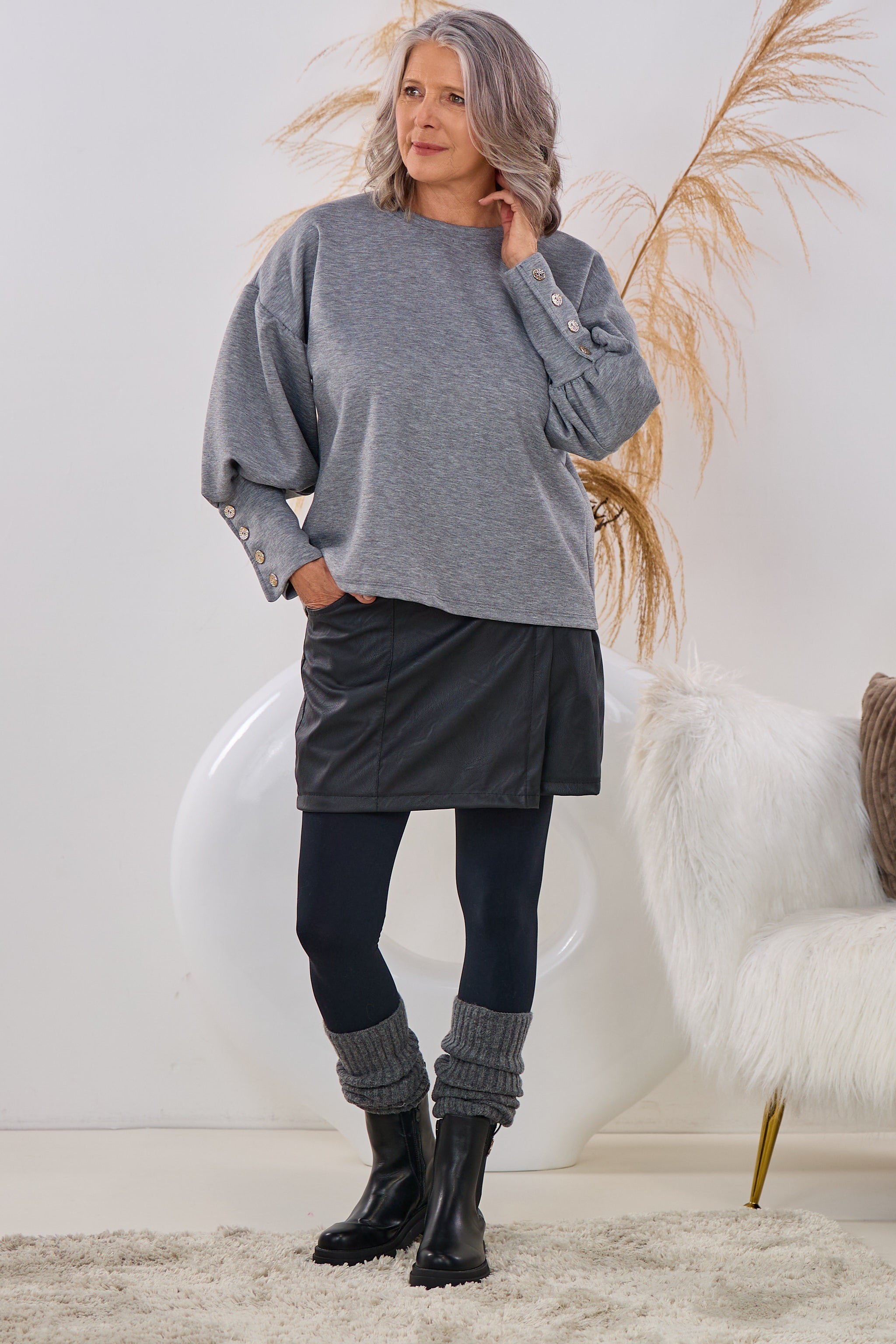 Cozy Shirt mit weiten Ärmeln, grau