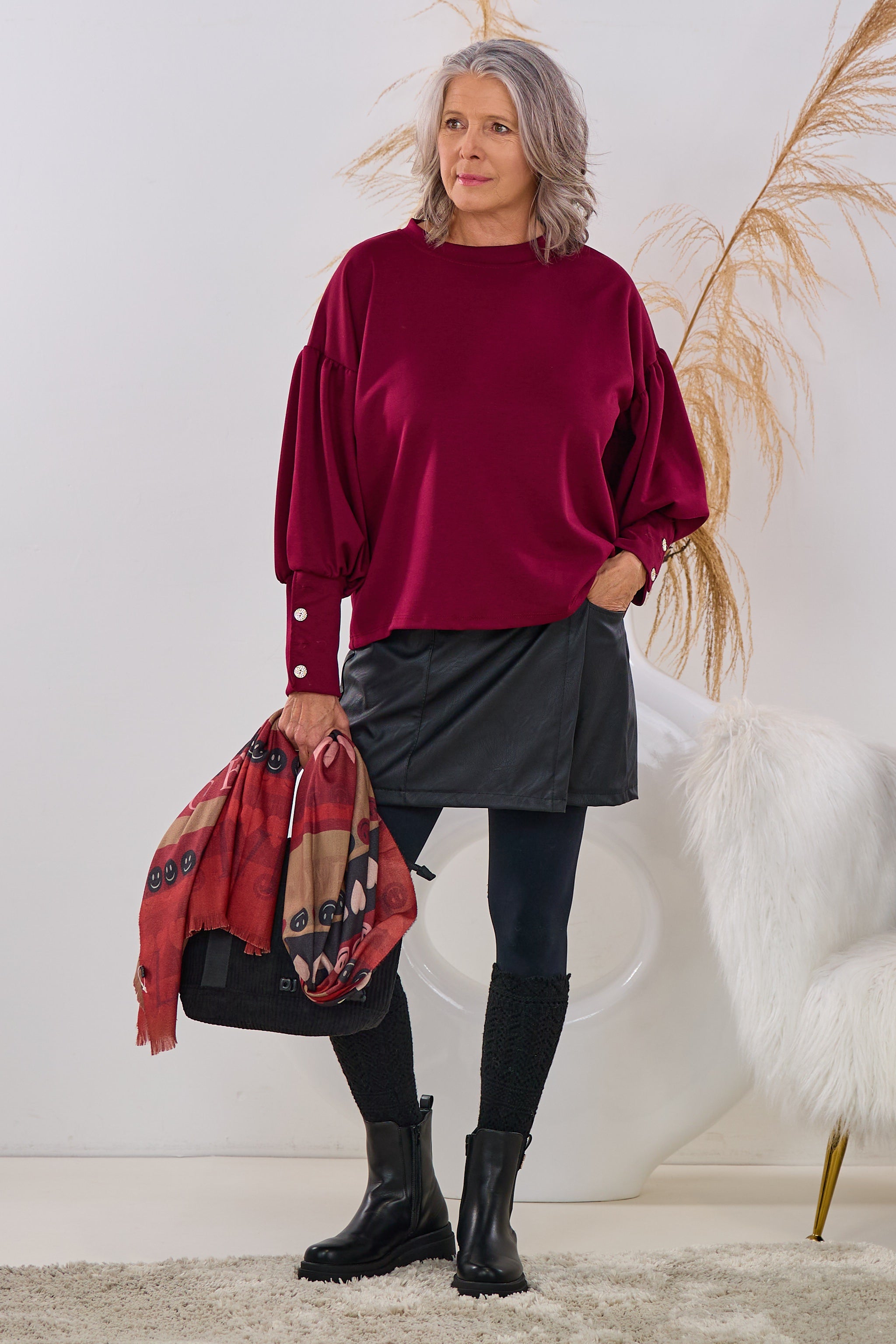 Cozy Shirt mit weiten Ärmeln, bordeaux