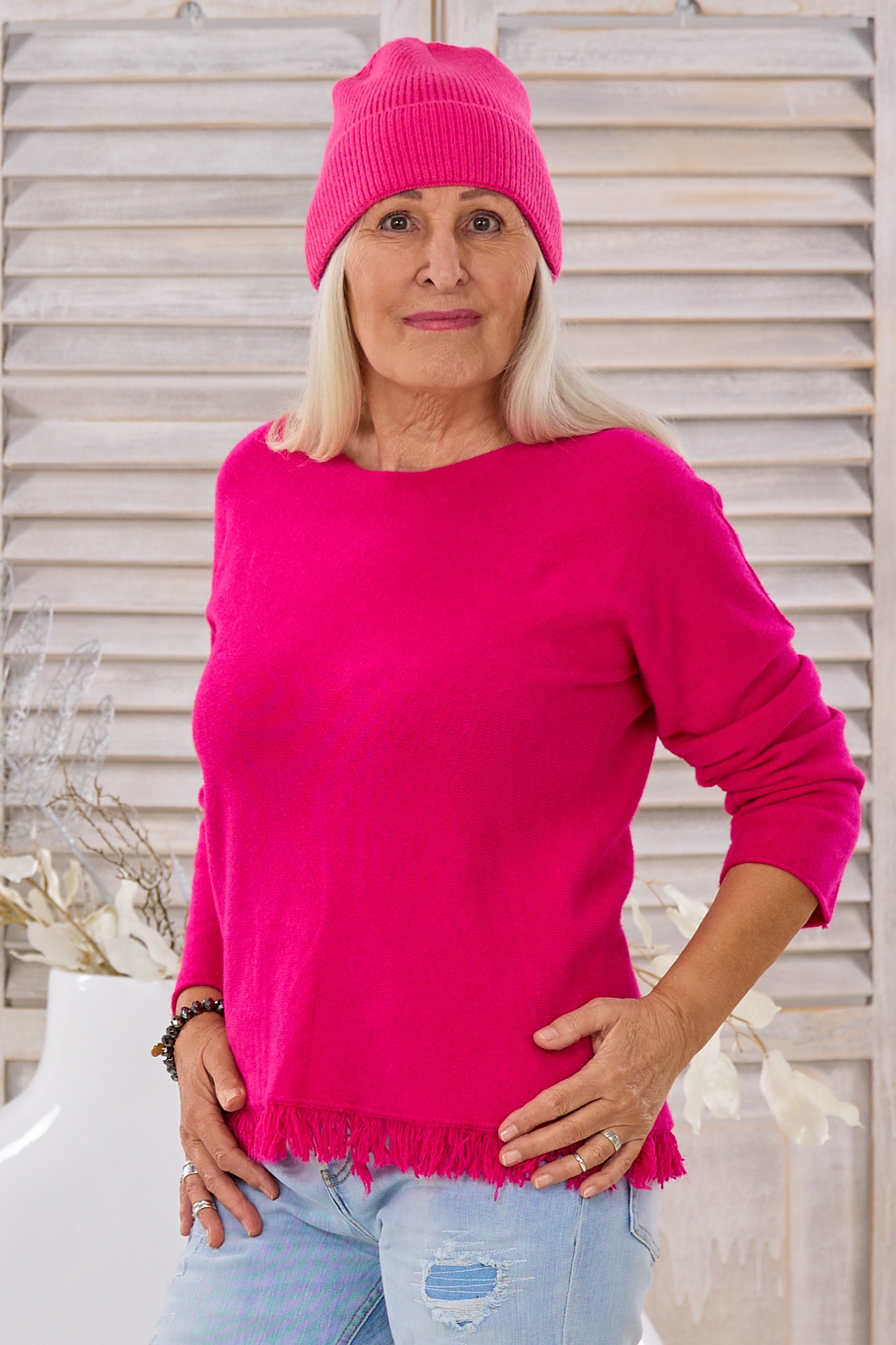 quergestrickter Strickpulli mit Fransen, pink