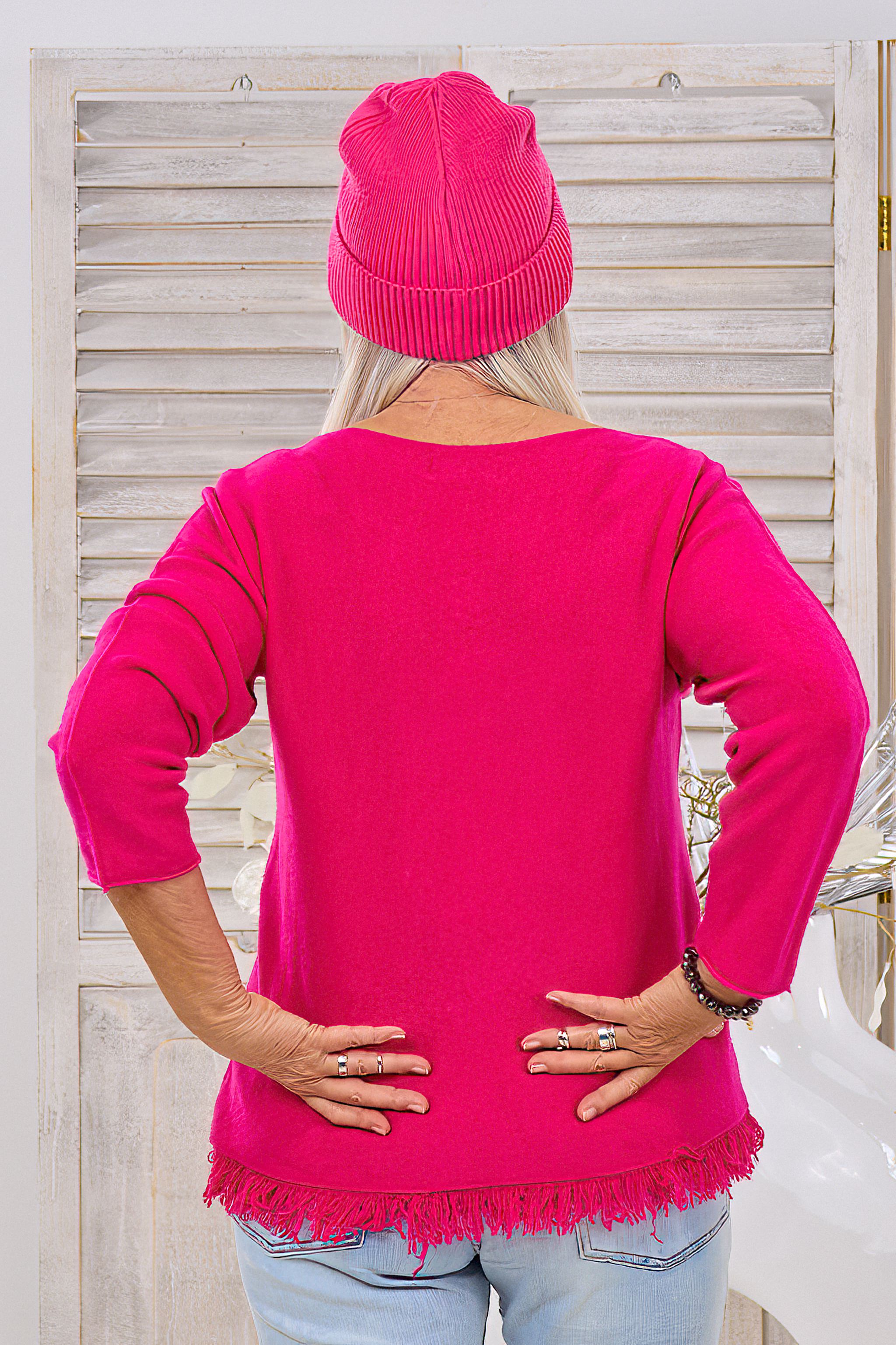 quergestrickter Strickpulli mit Fransen, pink