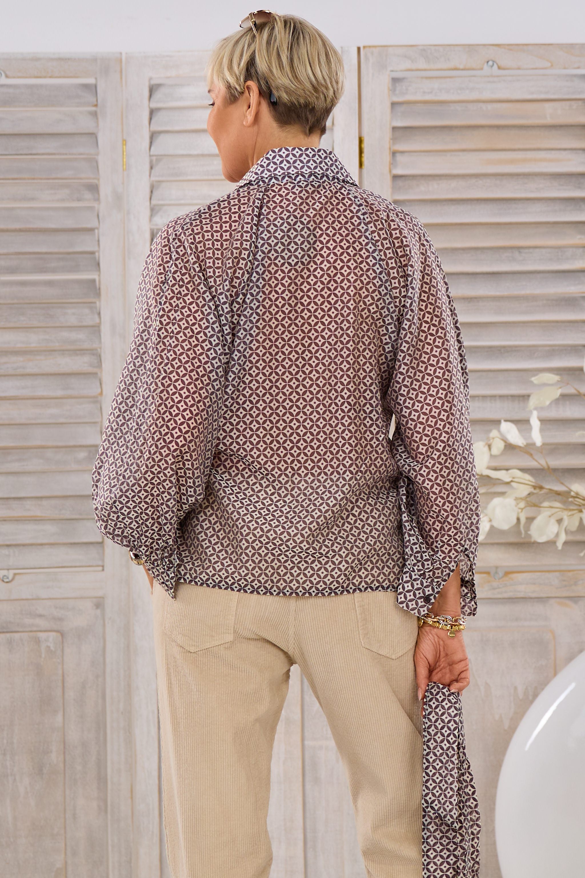 gemusterte Bluse mit Schleife, braun-creme