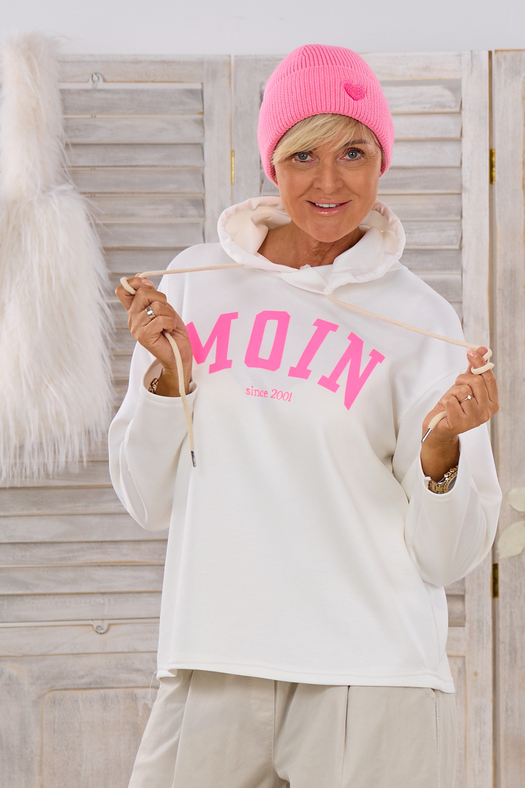 Cozy Hoodie MOIN, ecru-neonpink