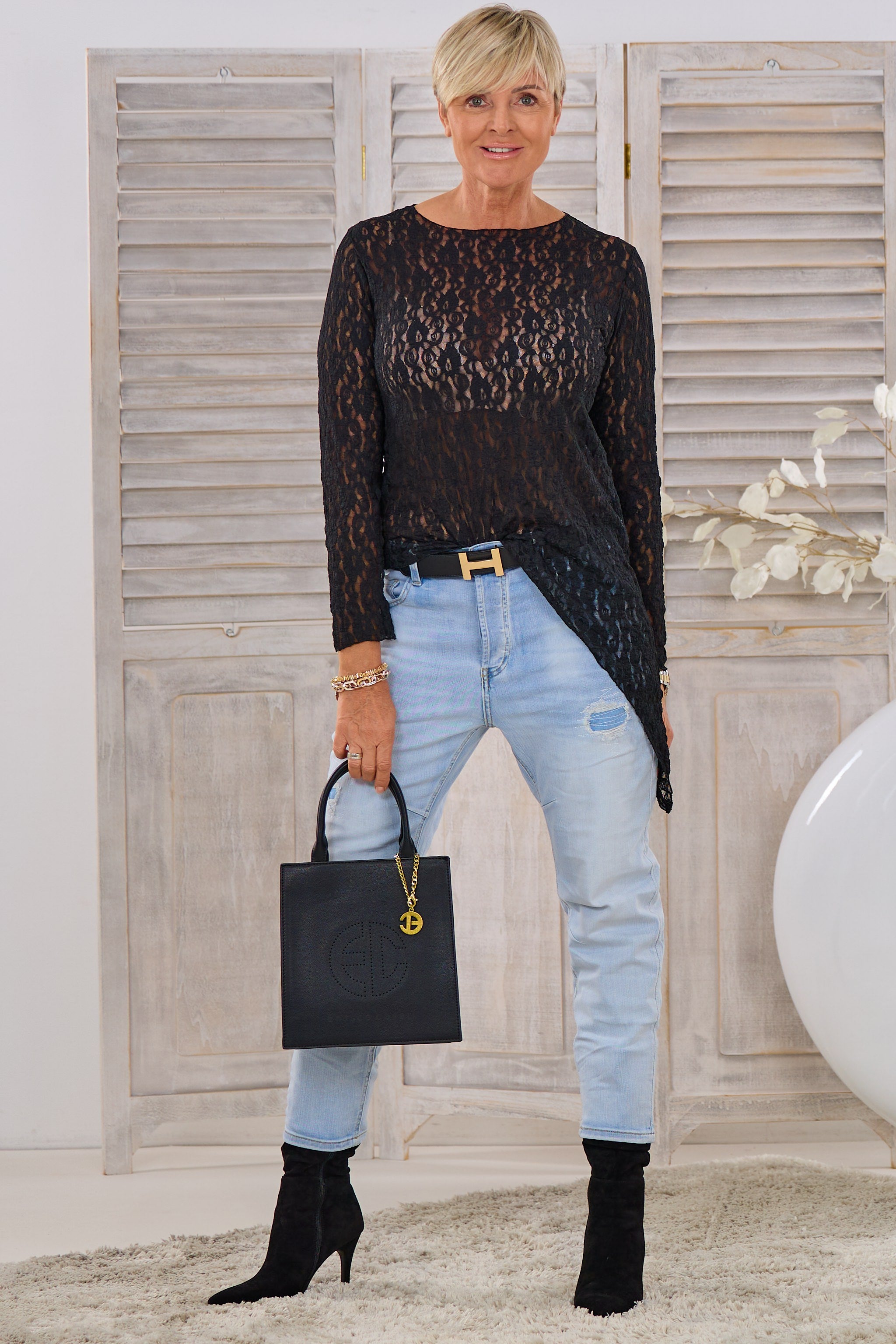 Asymmetrisches Spitzen-Langarmshirt, schwarz