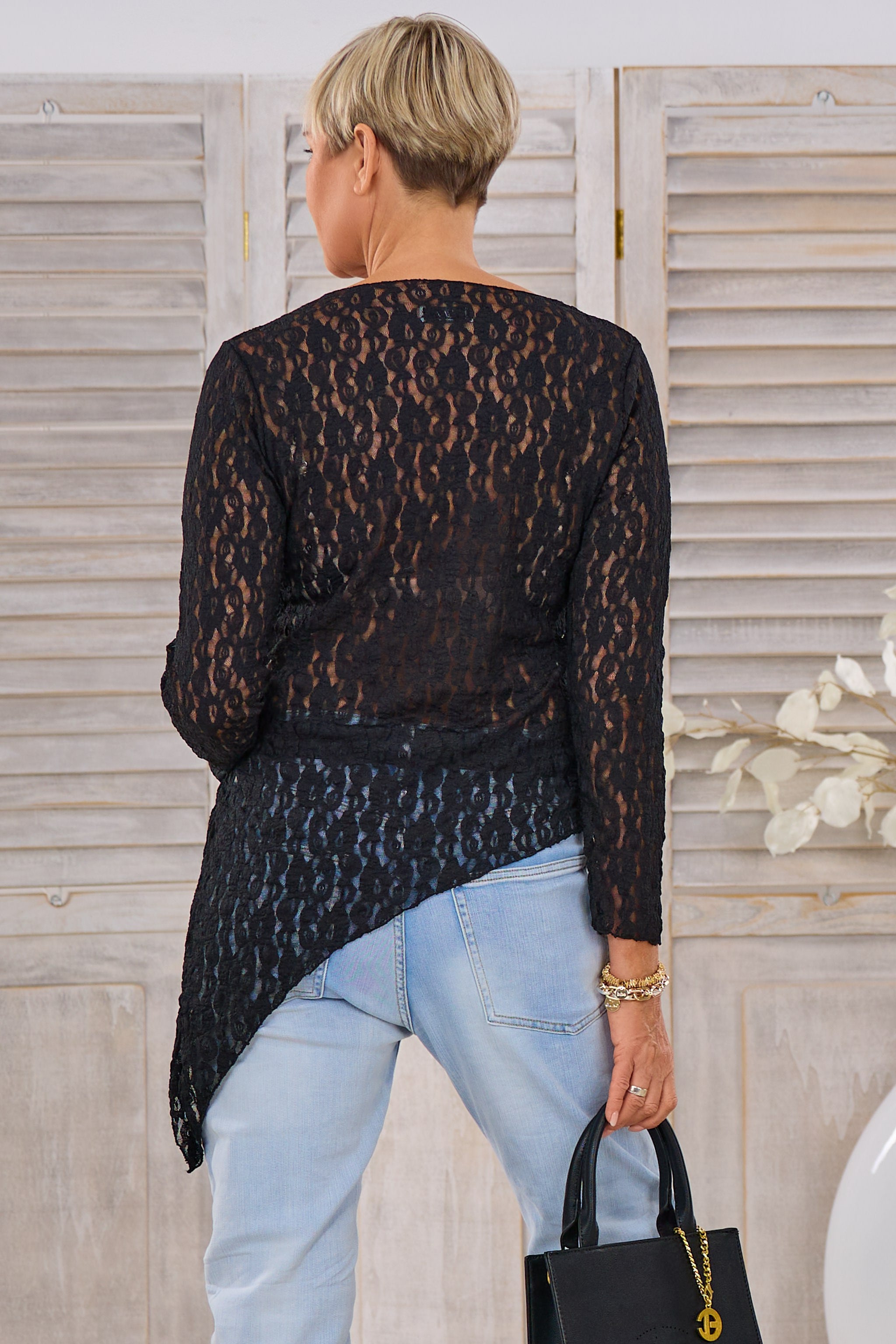 Asymmetrisches Spitzen-Langarmshirt, schwarz