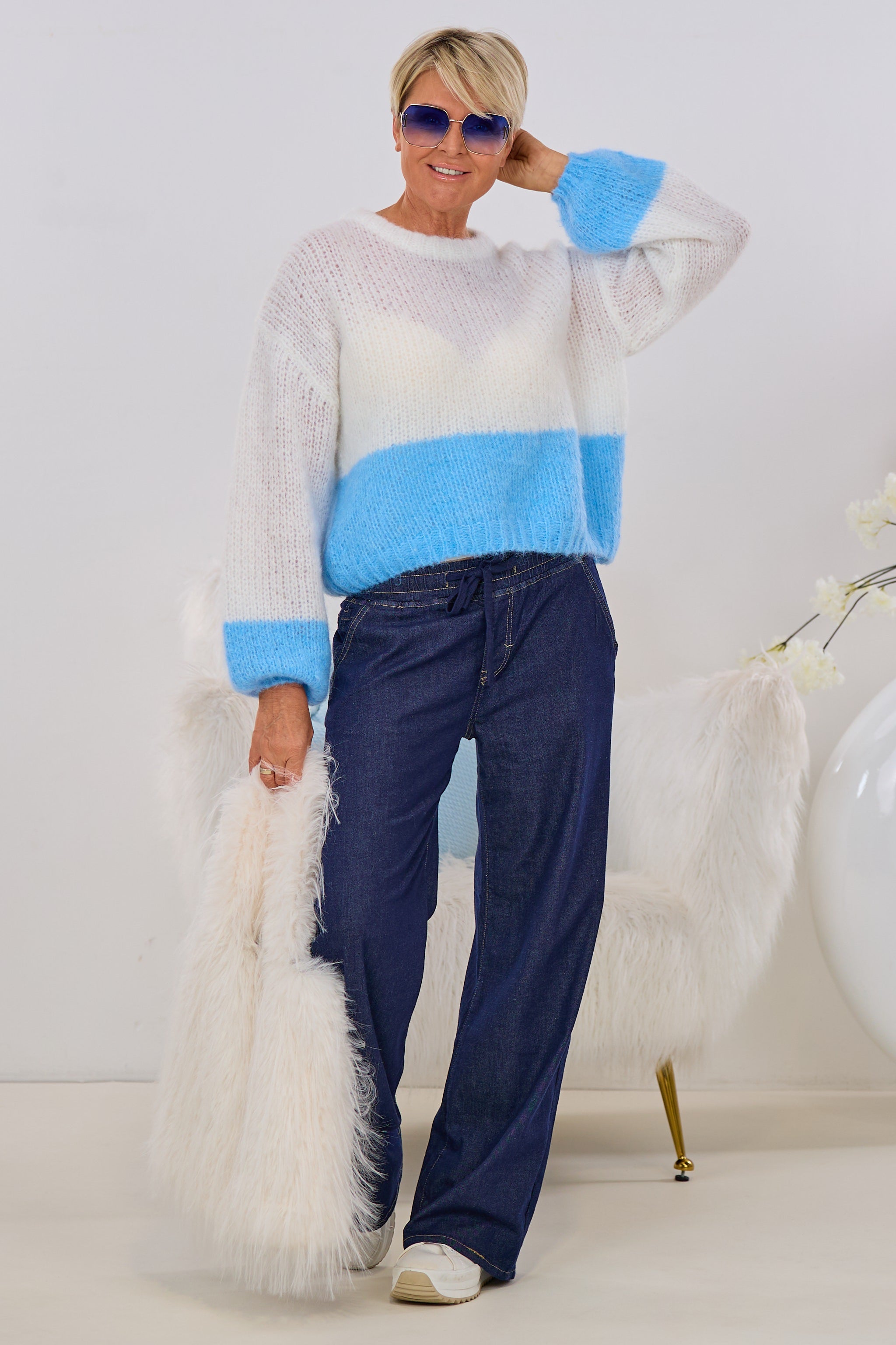 Grobstrick Pullover Bi-Color, ecru-hellblau