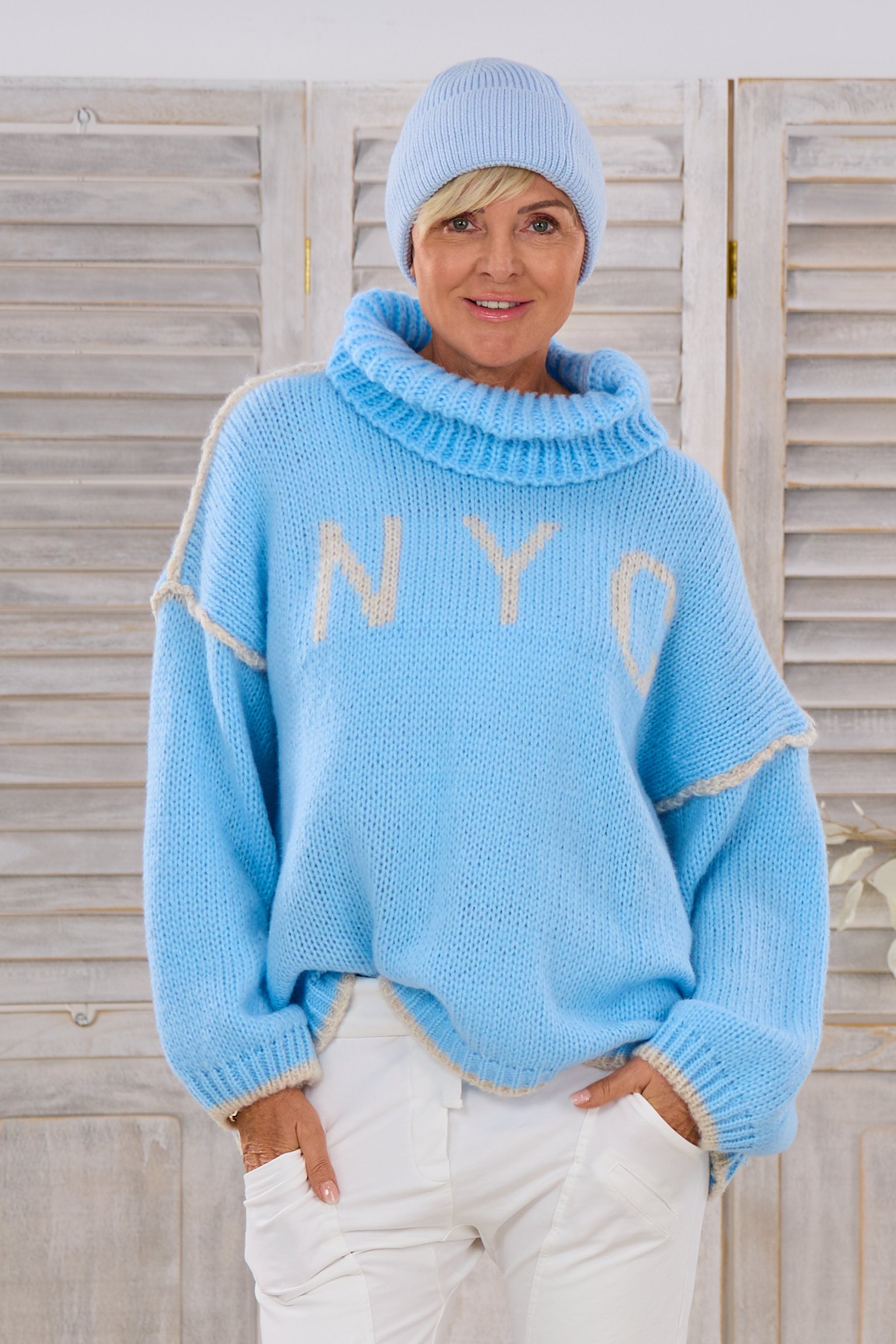 Bicolor Pulli HEY, hellblau-ecru