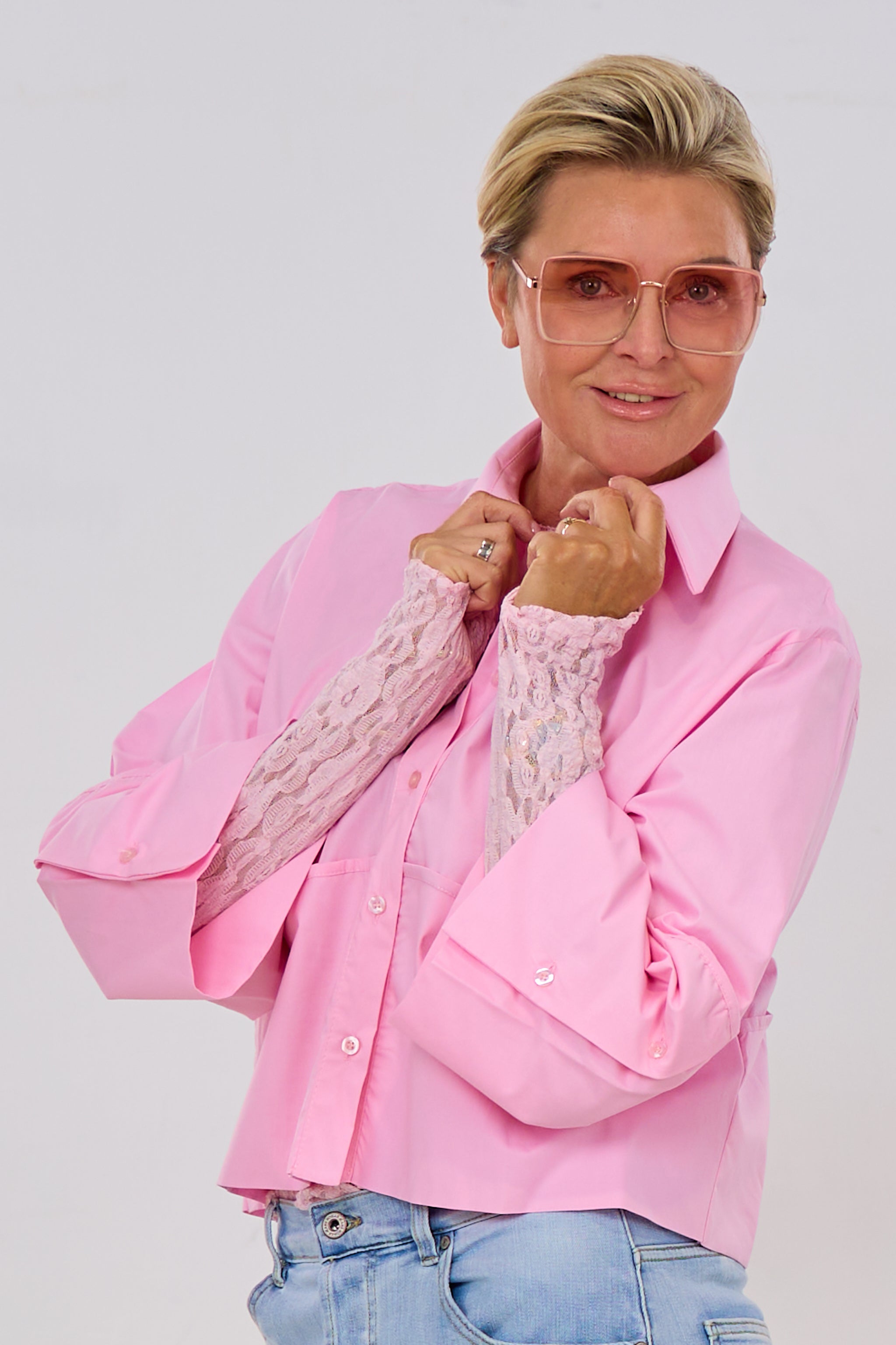 Cropped Bluse mit breitem Umschlag, rosa