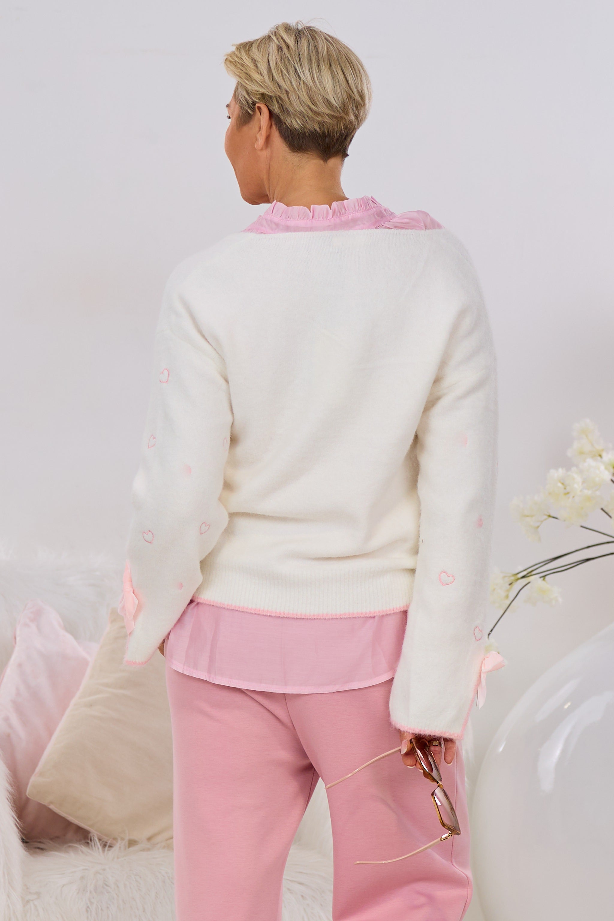 kuscheliger Pullover HEARTS, ecru-rosa