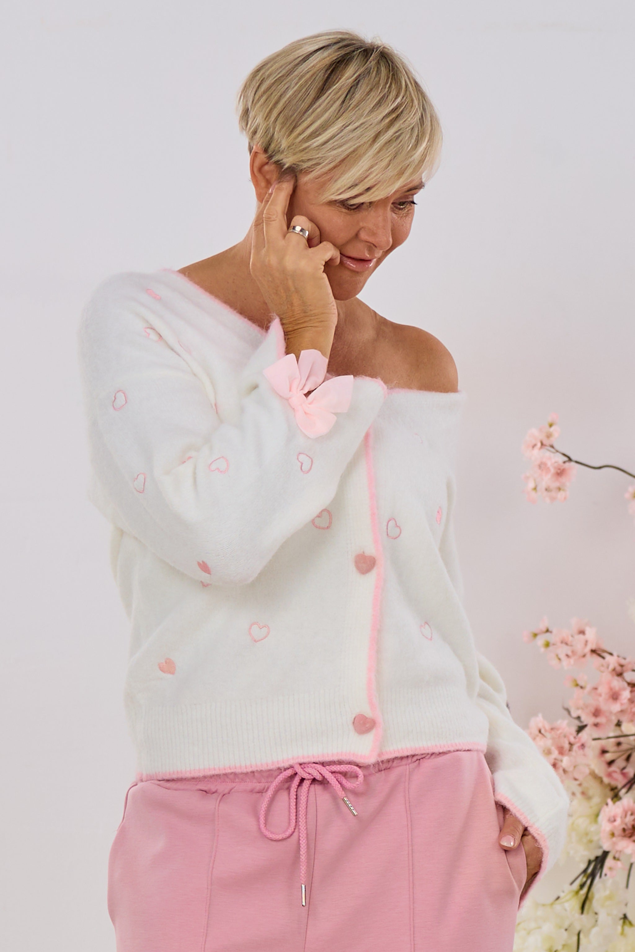 kuscheliger Cardigan HEARTS, ecru-rosa