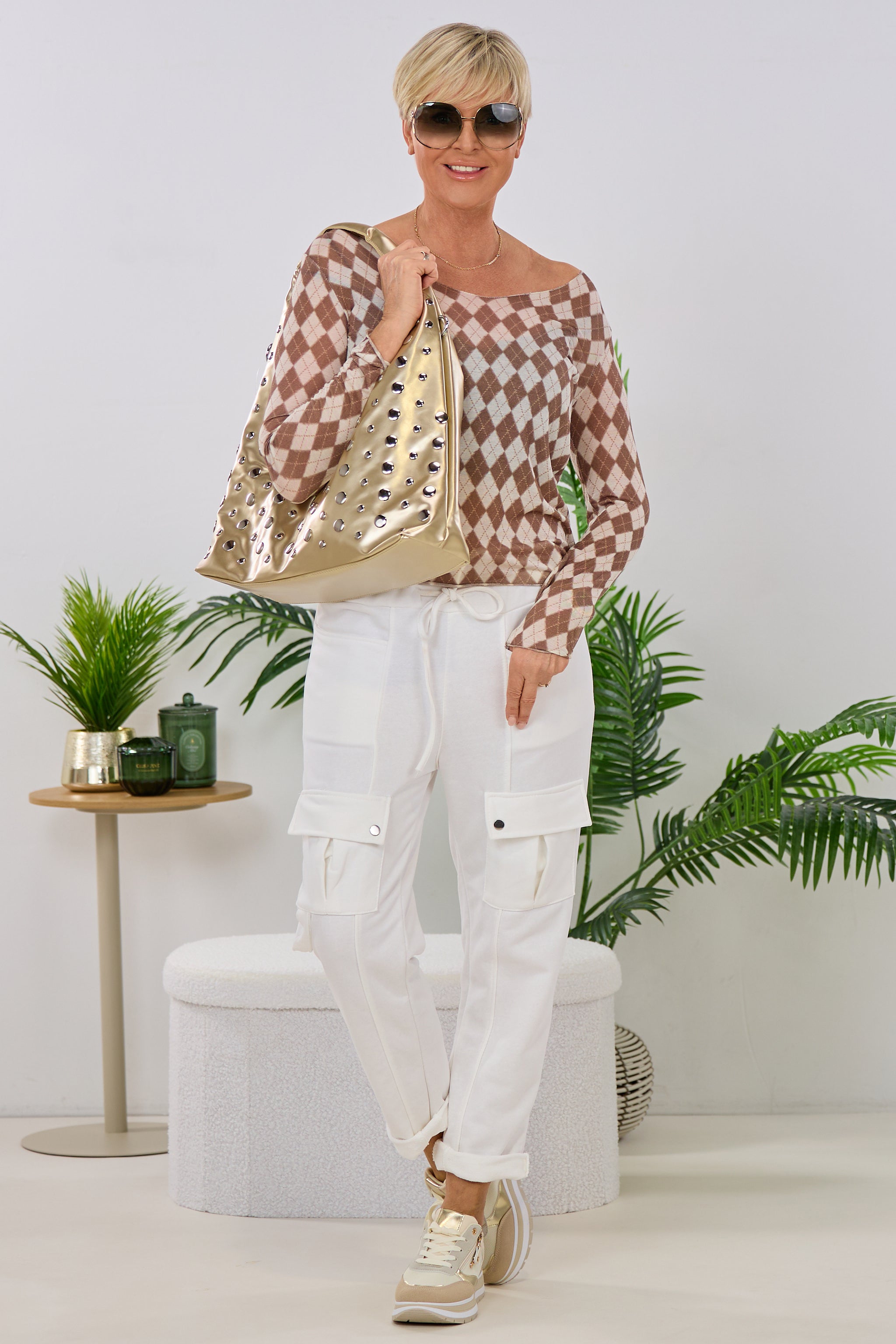 transparentes Longsleeve mit Rautenmuster, taupe-beige