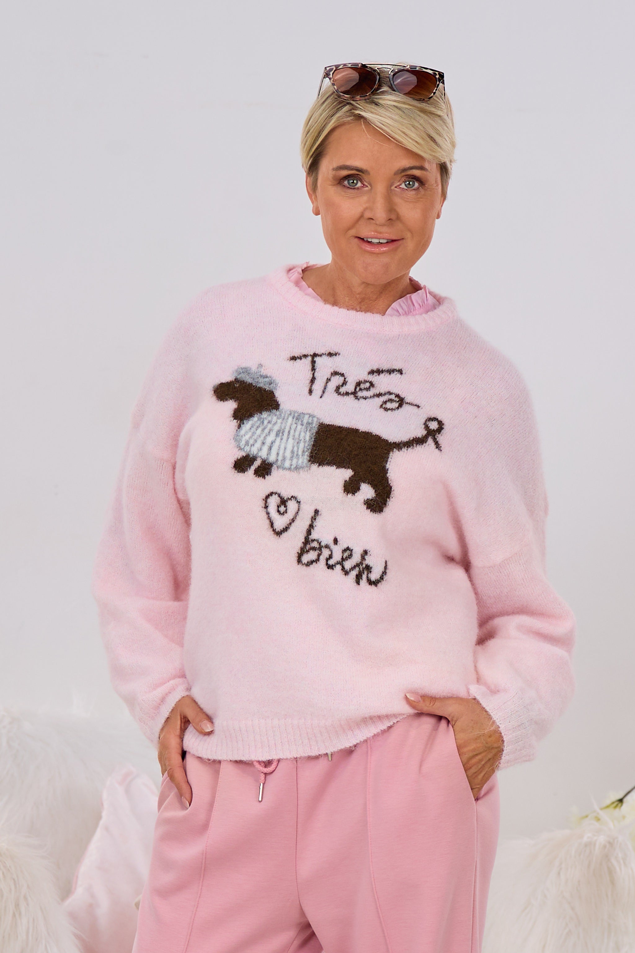 Strickpulli "Trés bien", rosa-braun