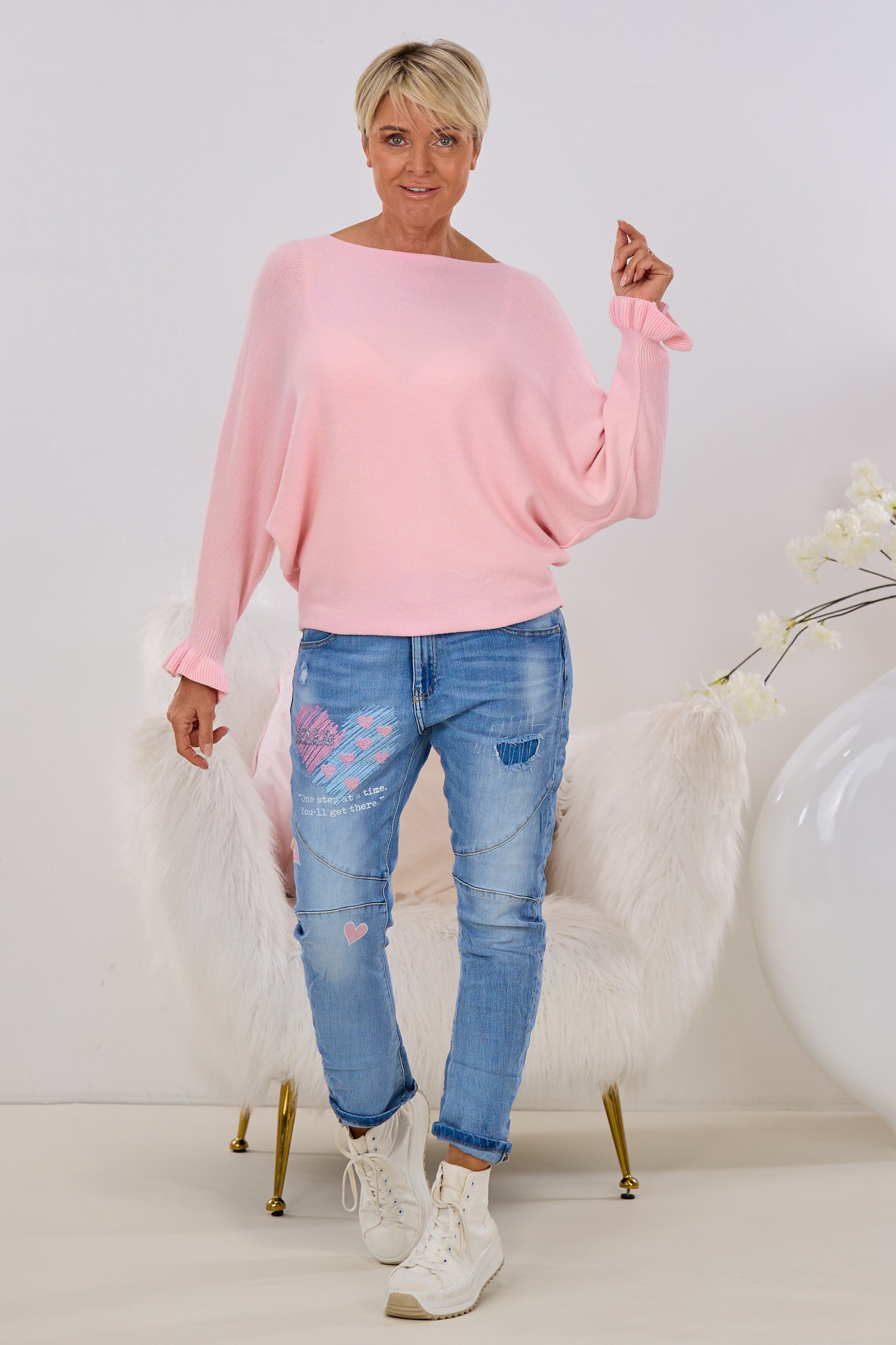 Strickpulli mit Rüschenärmeln, rosa