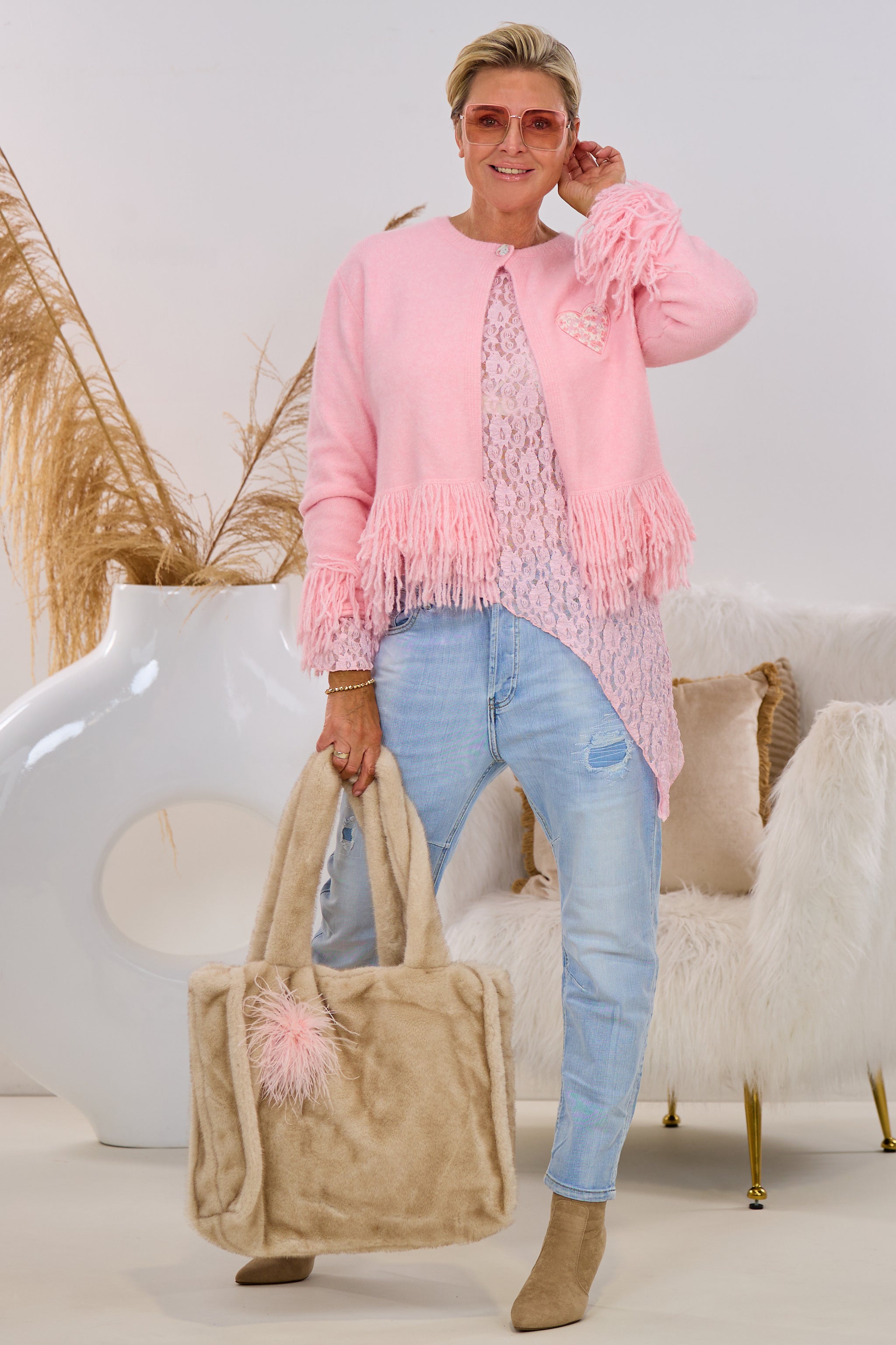 Süßer Cardigan mit Fransen, rosa