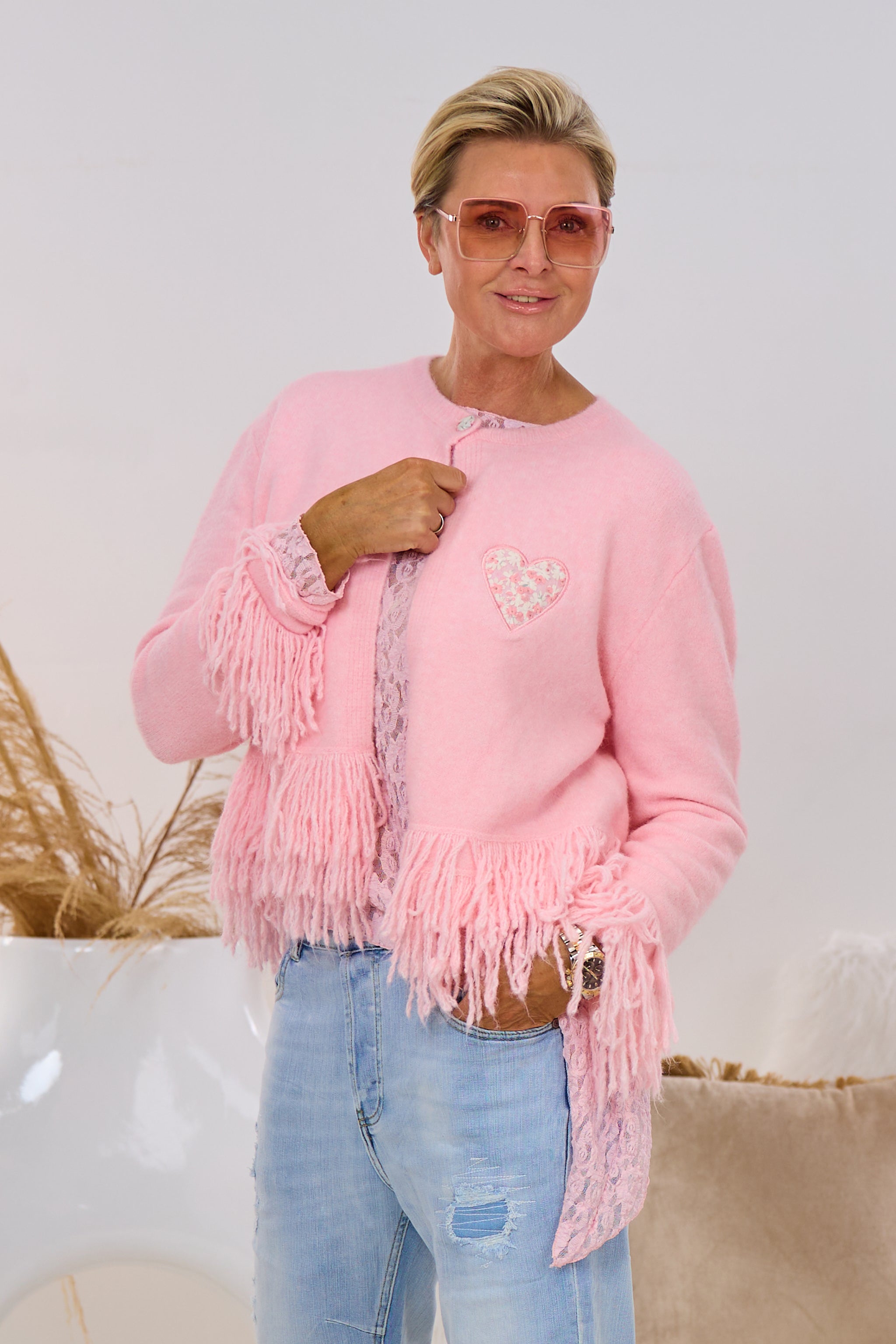 Süßer Cardigan mit Fransen, rosa