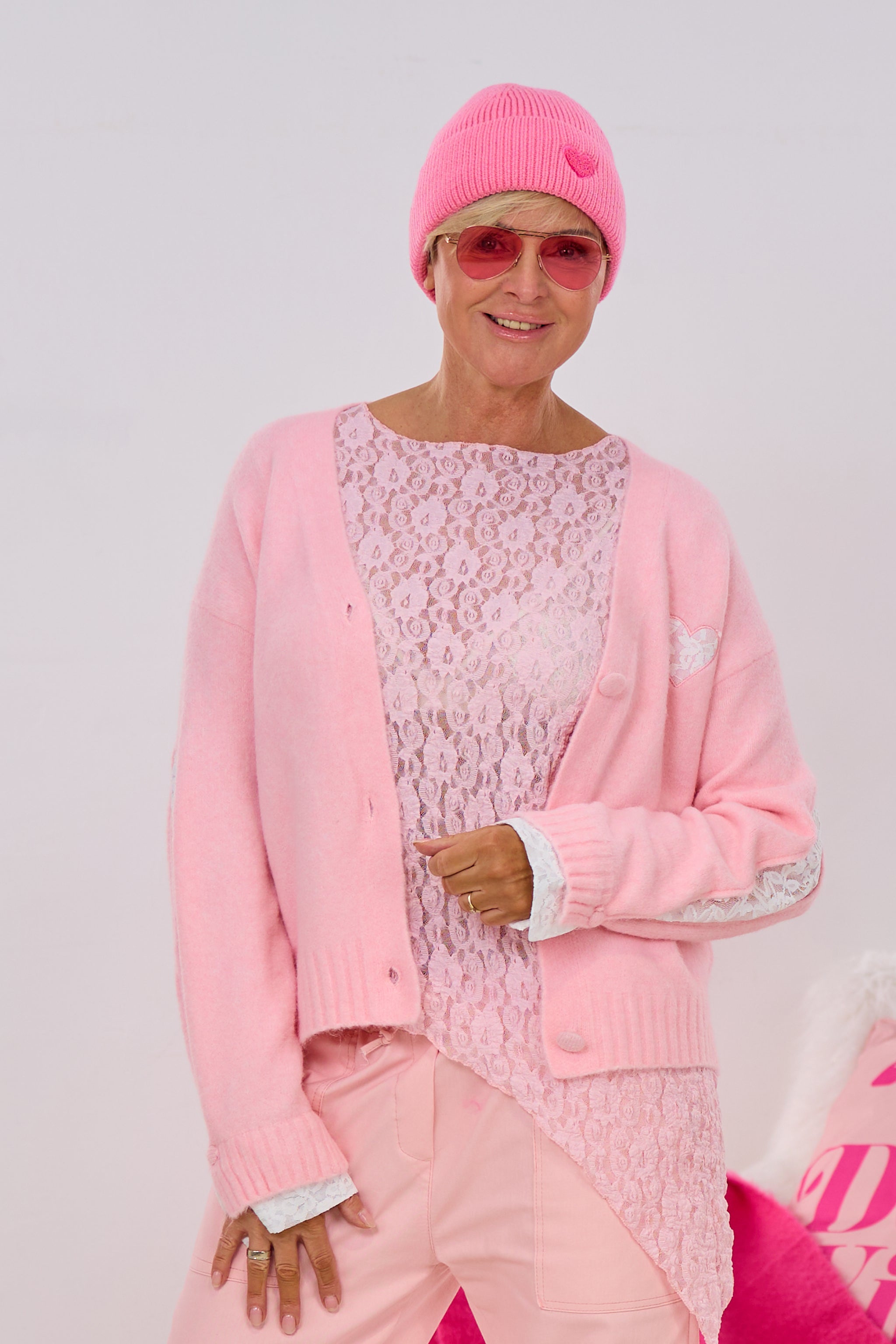 Süßer Cardigan mit Spitzen-Einsatz, rosa