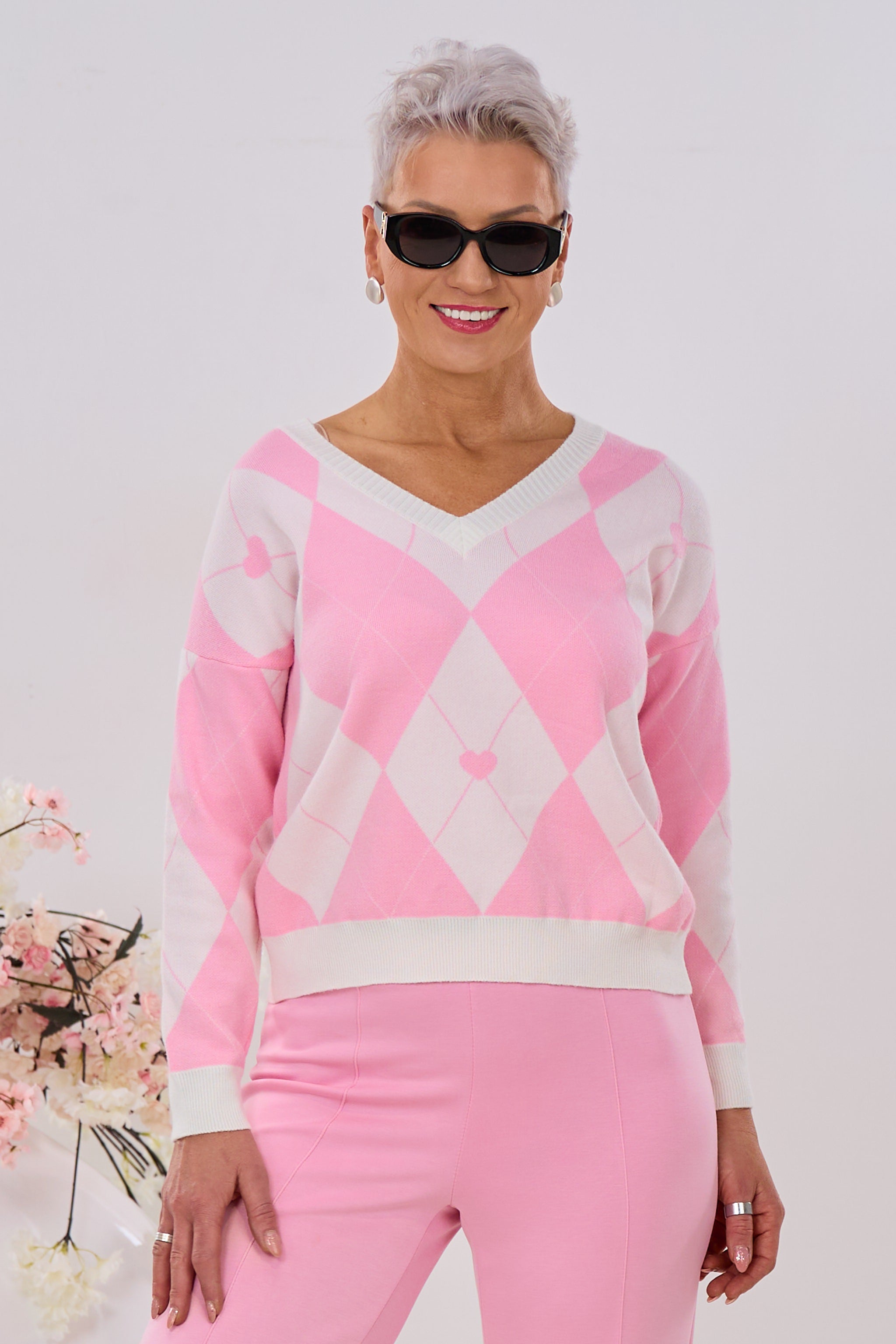 Strickpulli mit Rautenmuster, rosa-ecru