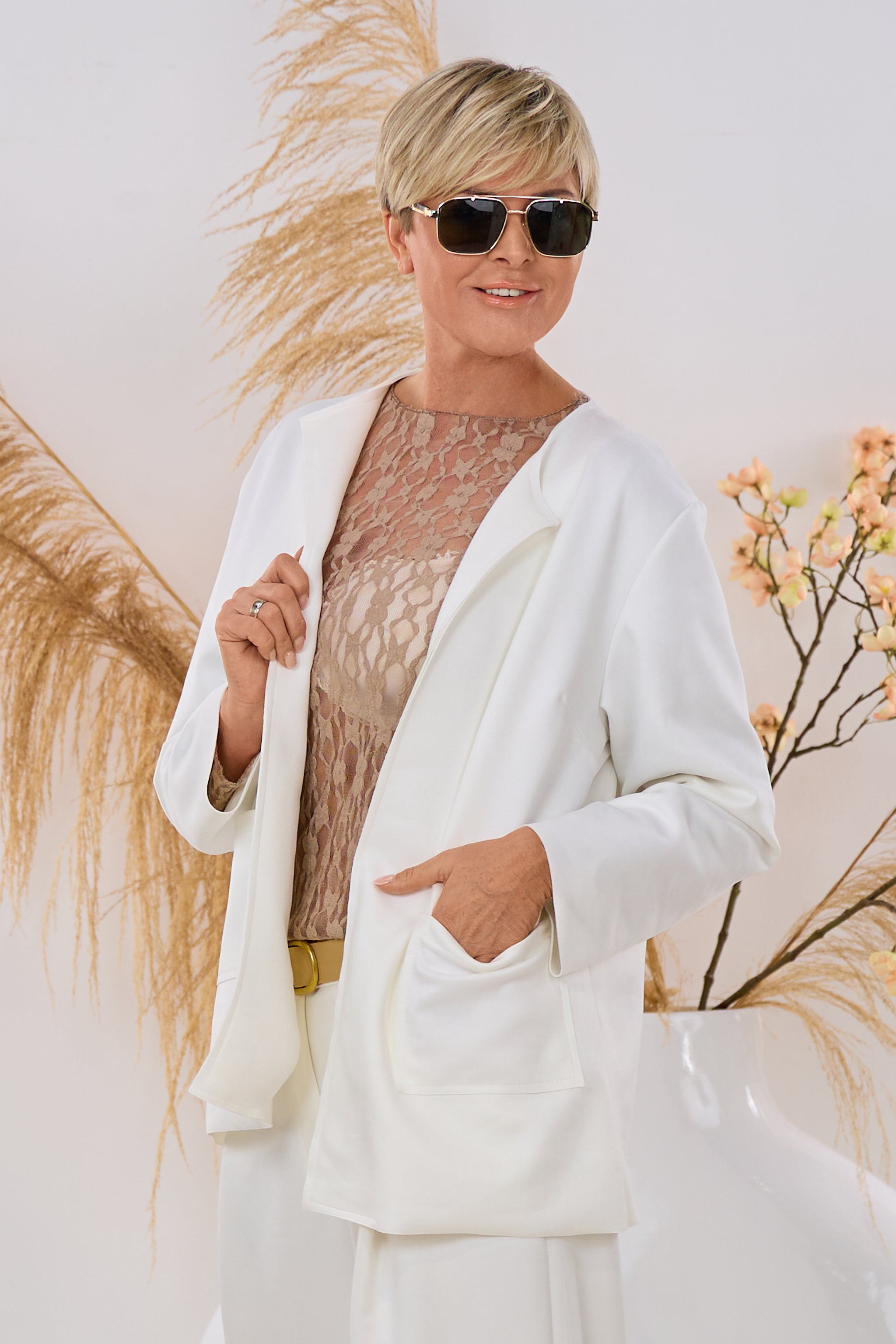 Blazer in Waschleder-Optik, ecru