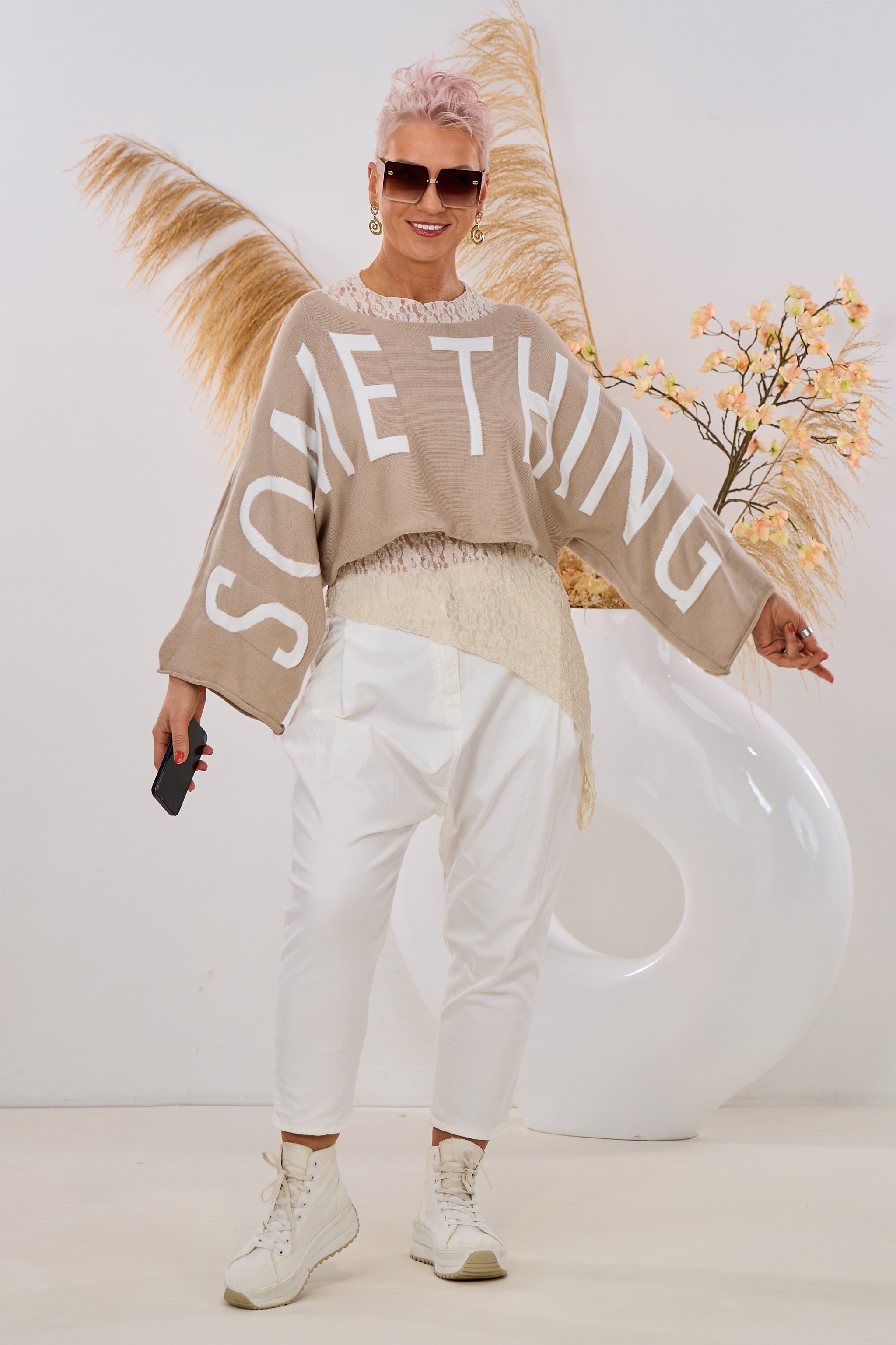 Weiter Cropped Pulli SOMETHING, beige