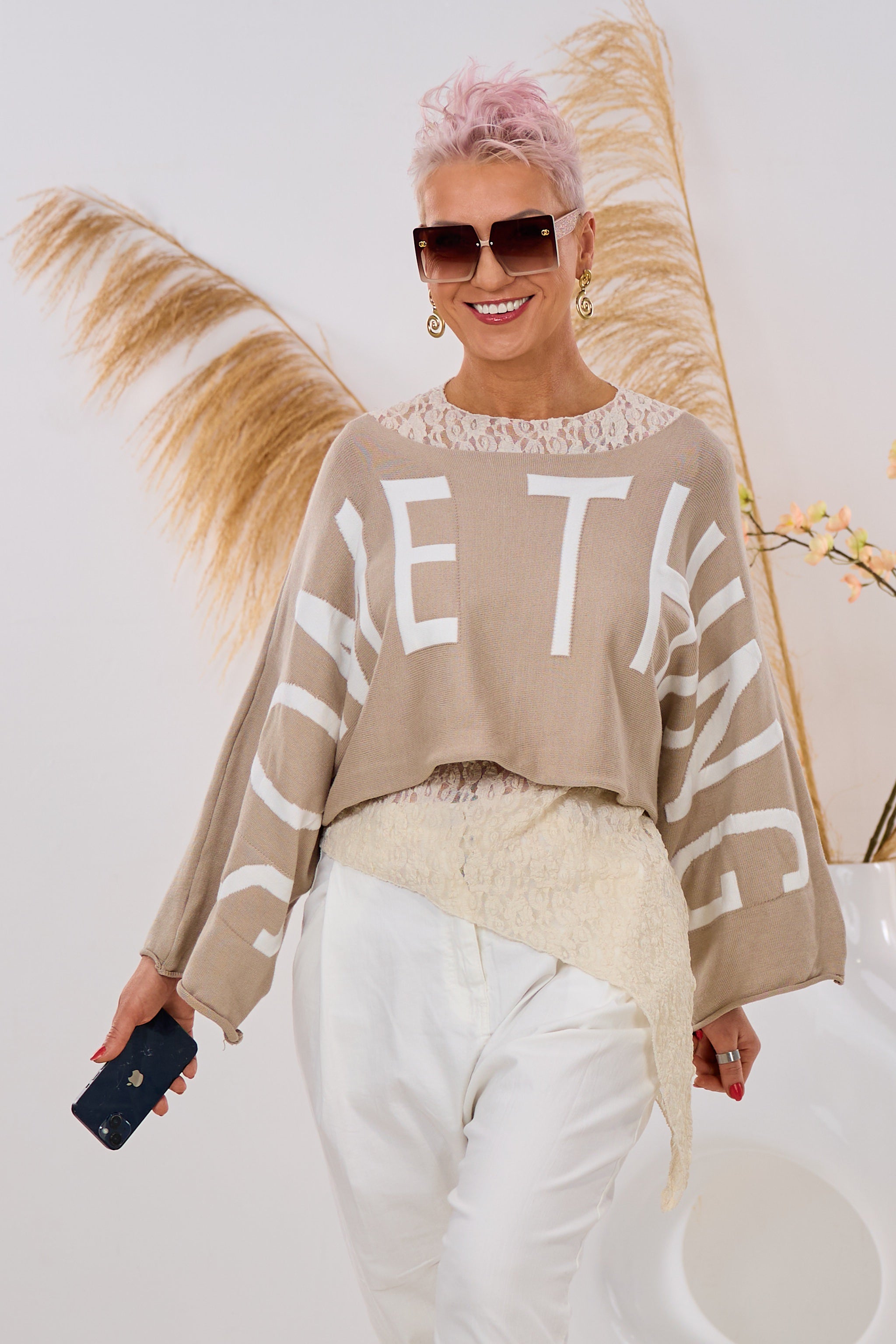 Weiter Cropped Pulli SOMETHING, beige