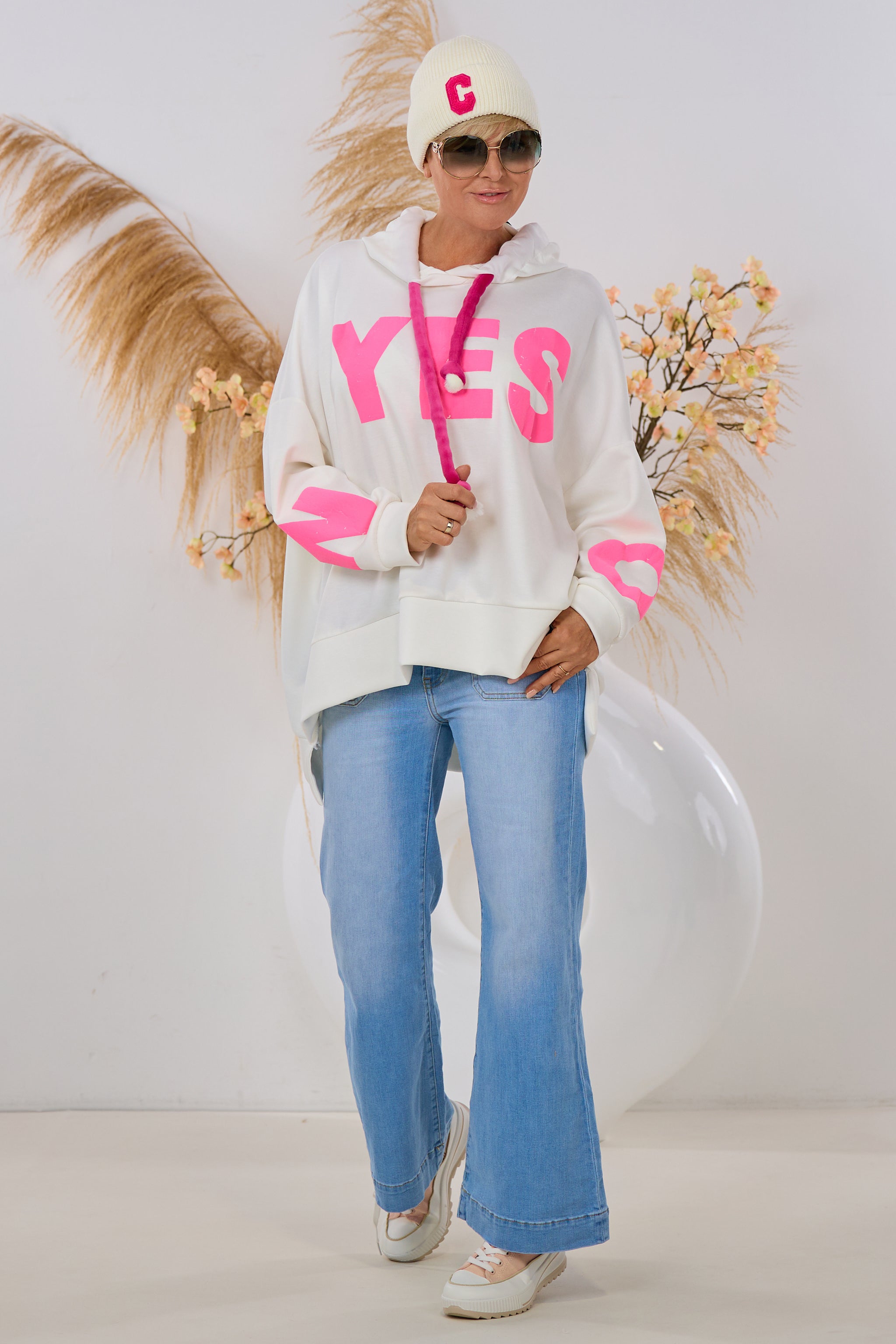 Cozy Hoodie YES - NO, ecru-pink