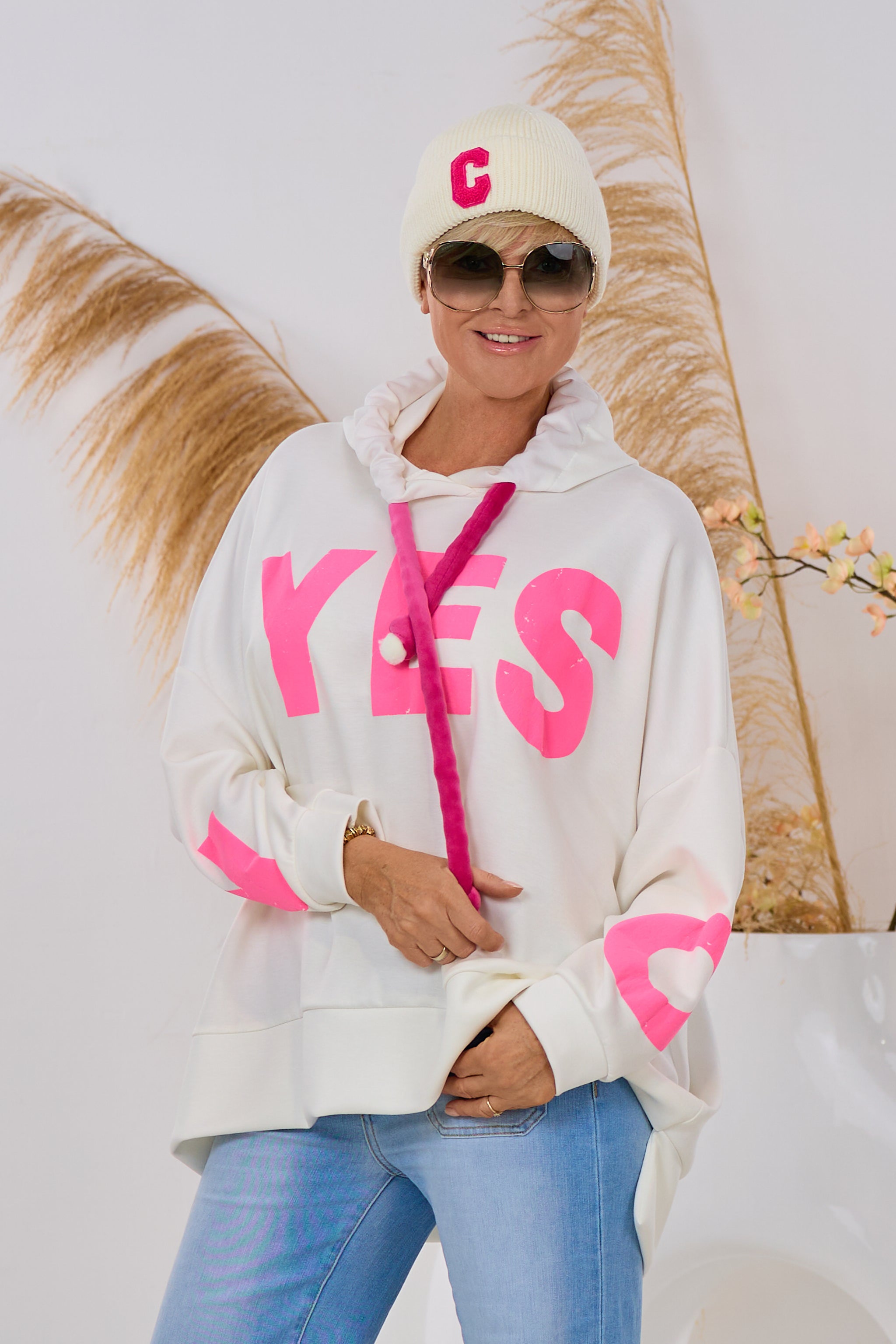 Cozy Hoodie YES - NO, ecru-pink