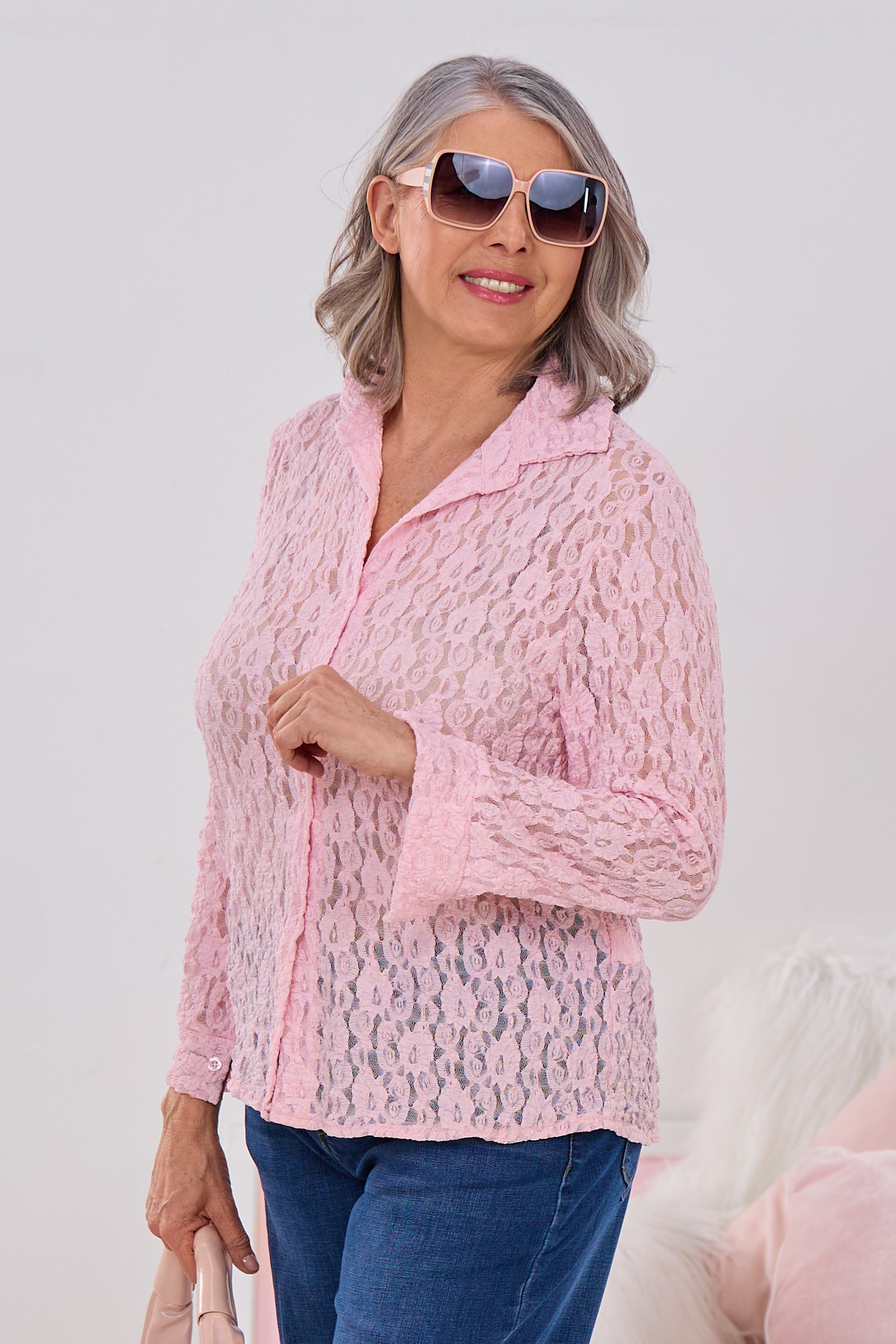 Spitzen-Langarmbluse, rosa