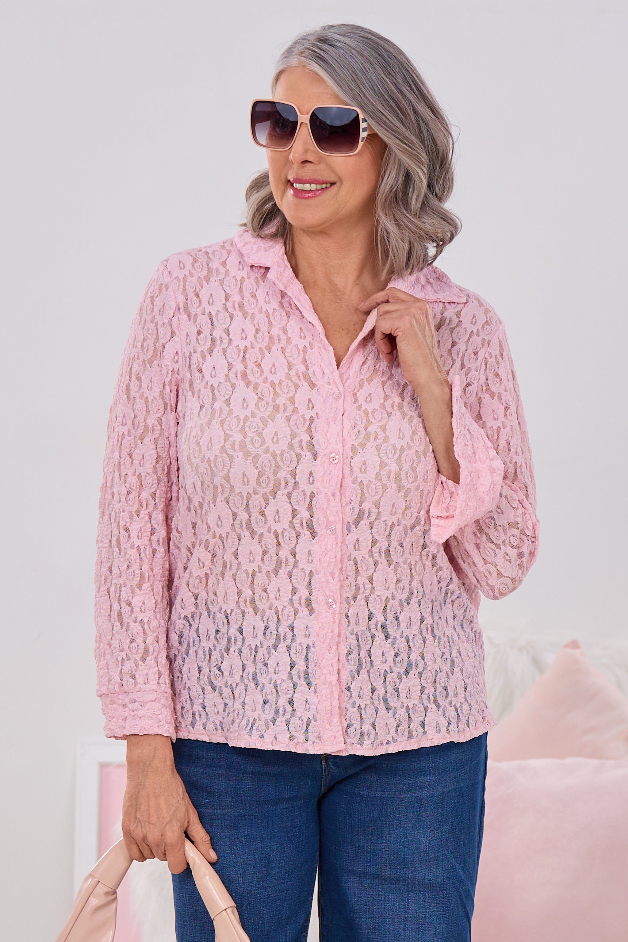 Spitzen-Langarmbluse, rosa