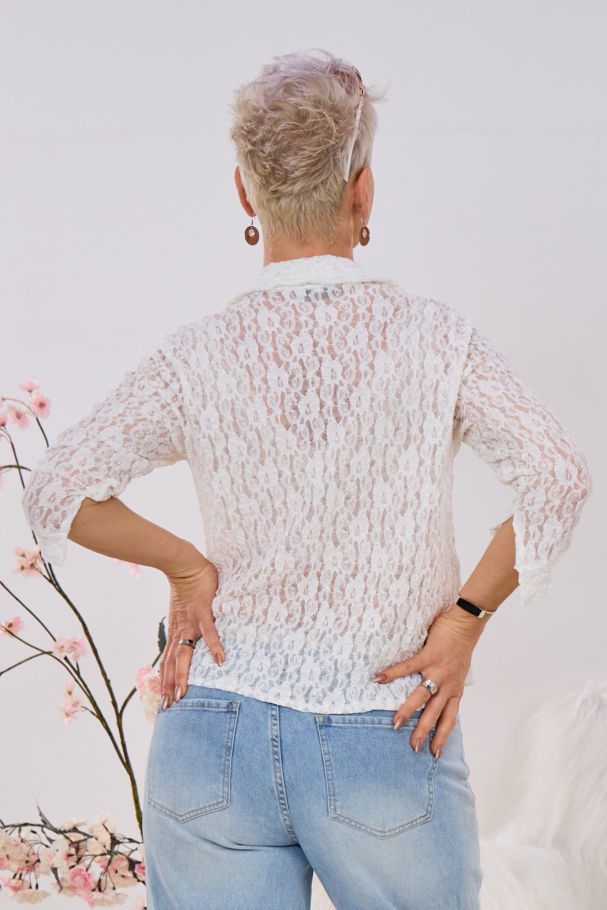 Spitzen-Langarmbluse, weiß