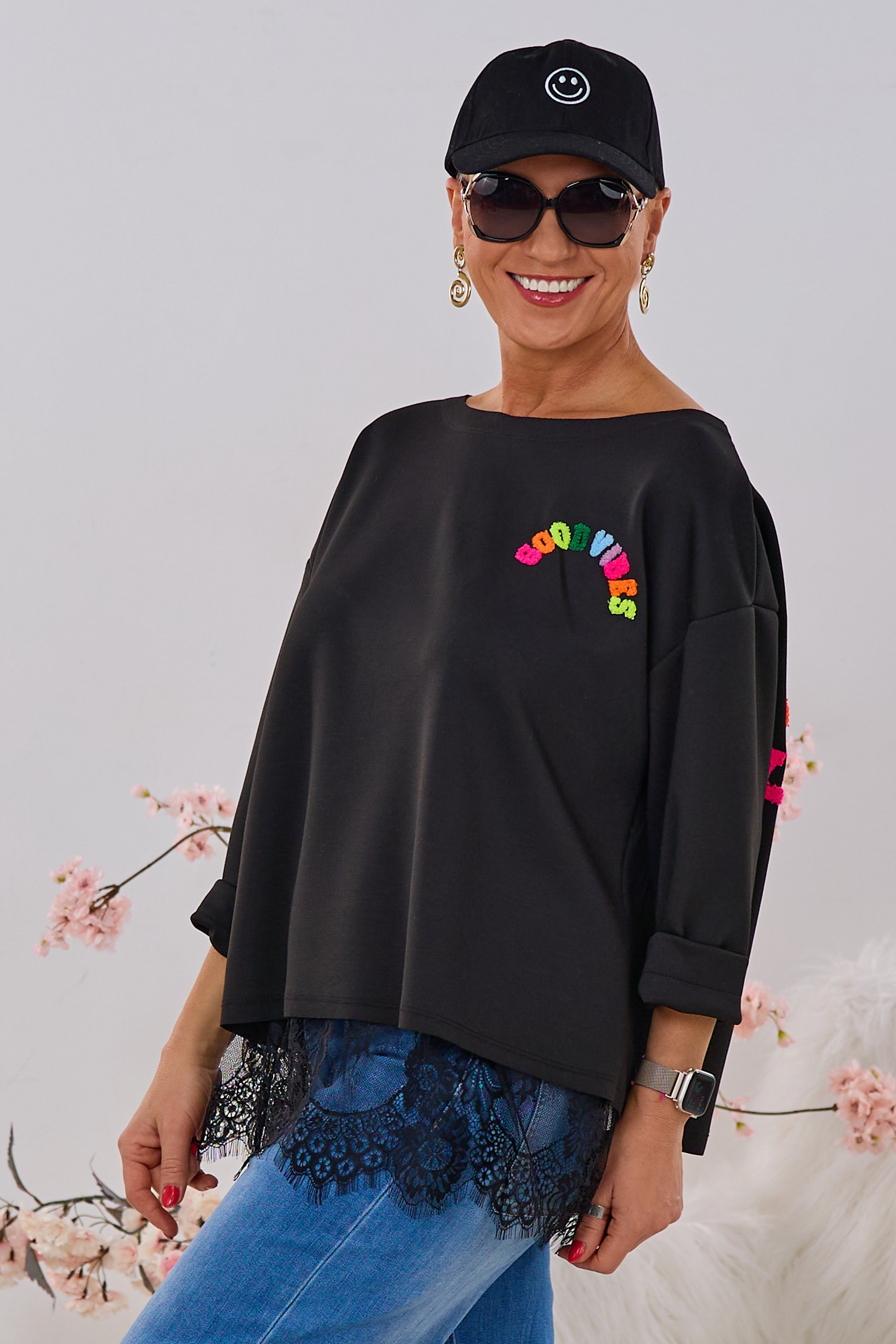 Cozy-Shirt mit GOODVIBES-Flock, schwarz