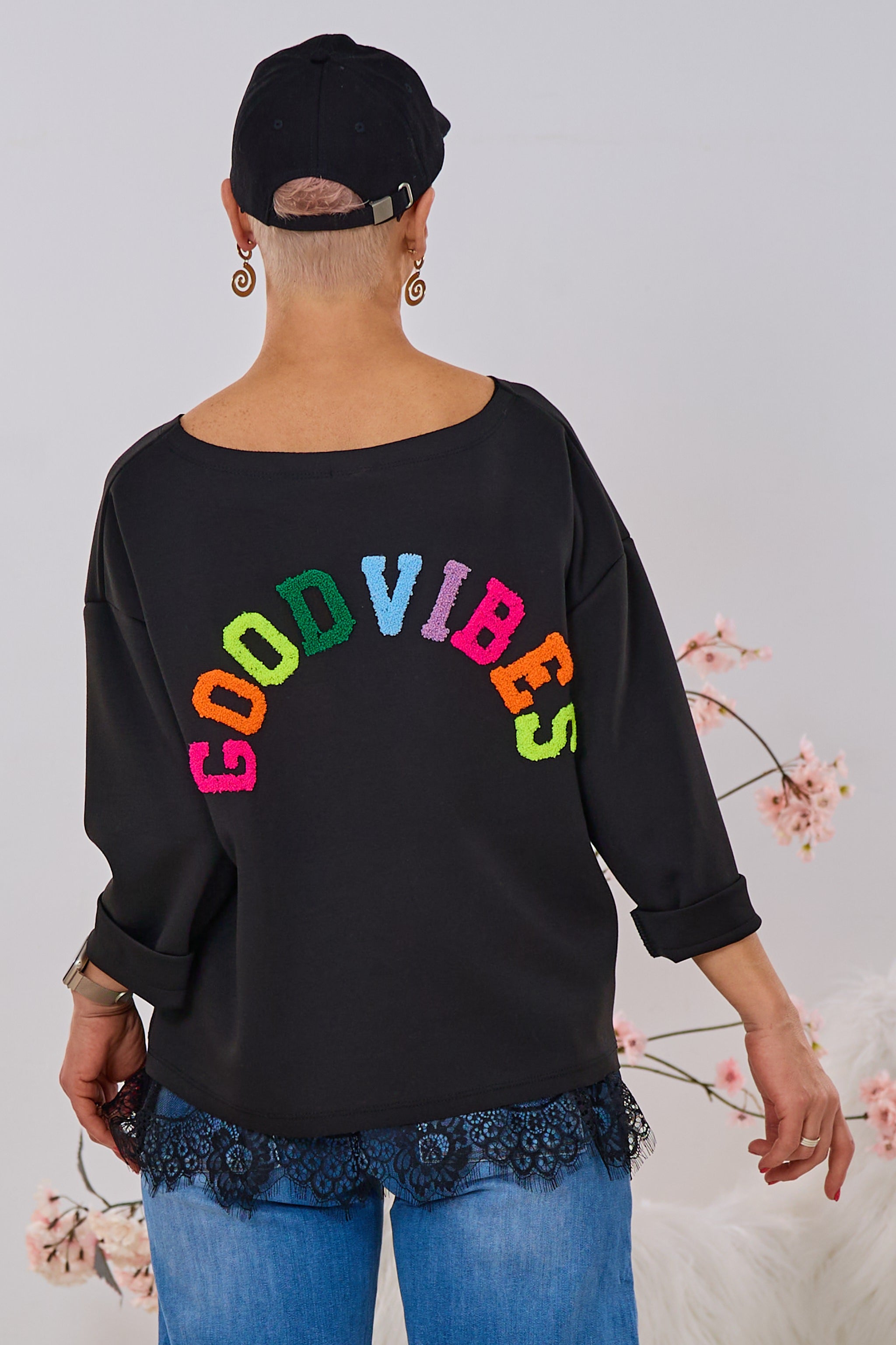 Cozy-Shirt mit GOODVIBES-Flock, schwarz