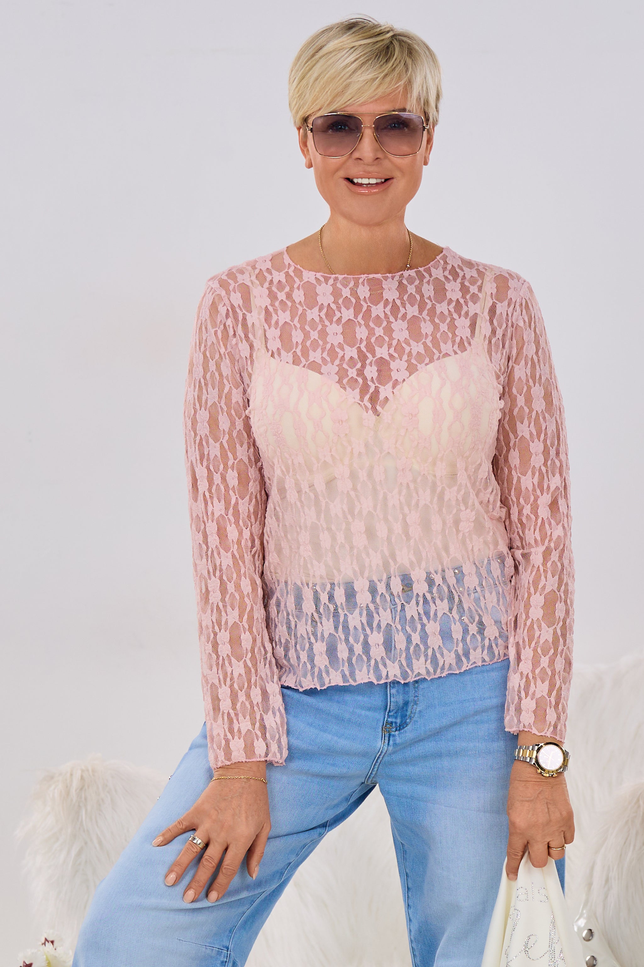 Spitzen-Langarmshirt, altrosa