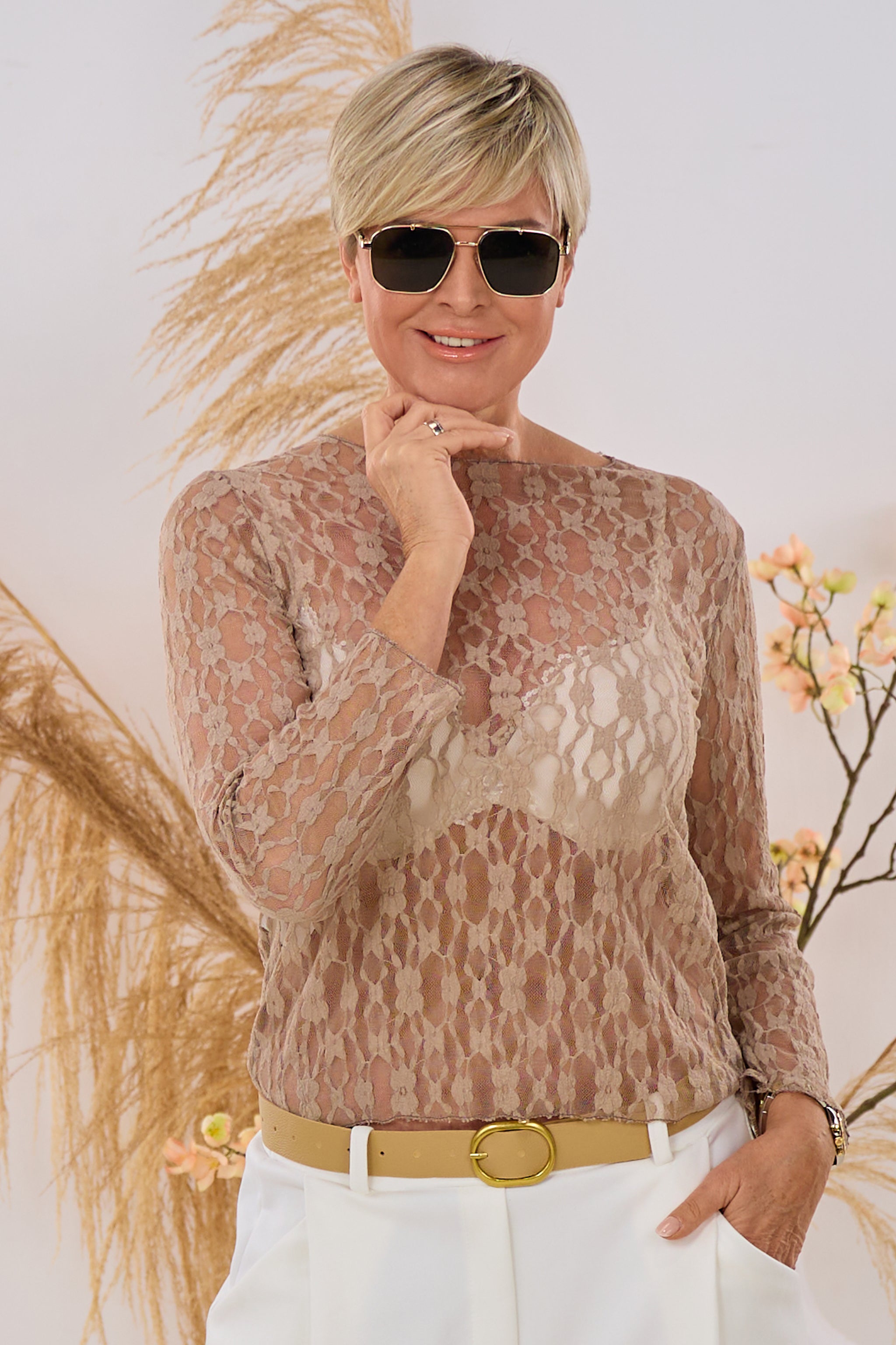 Spitzen-Langarmshirt, taupe