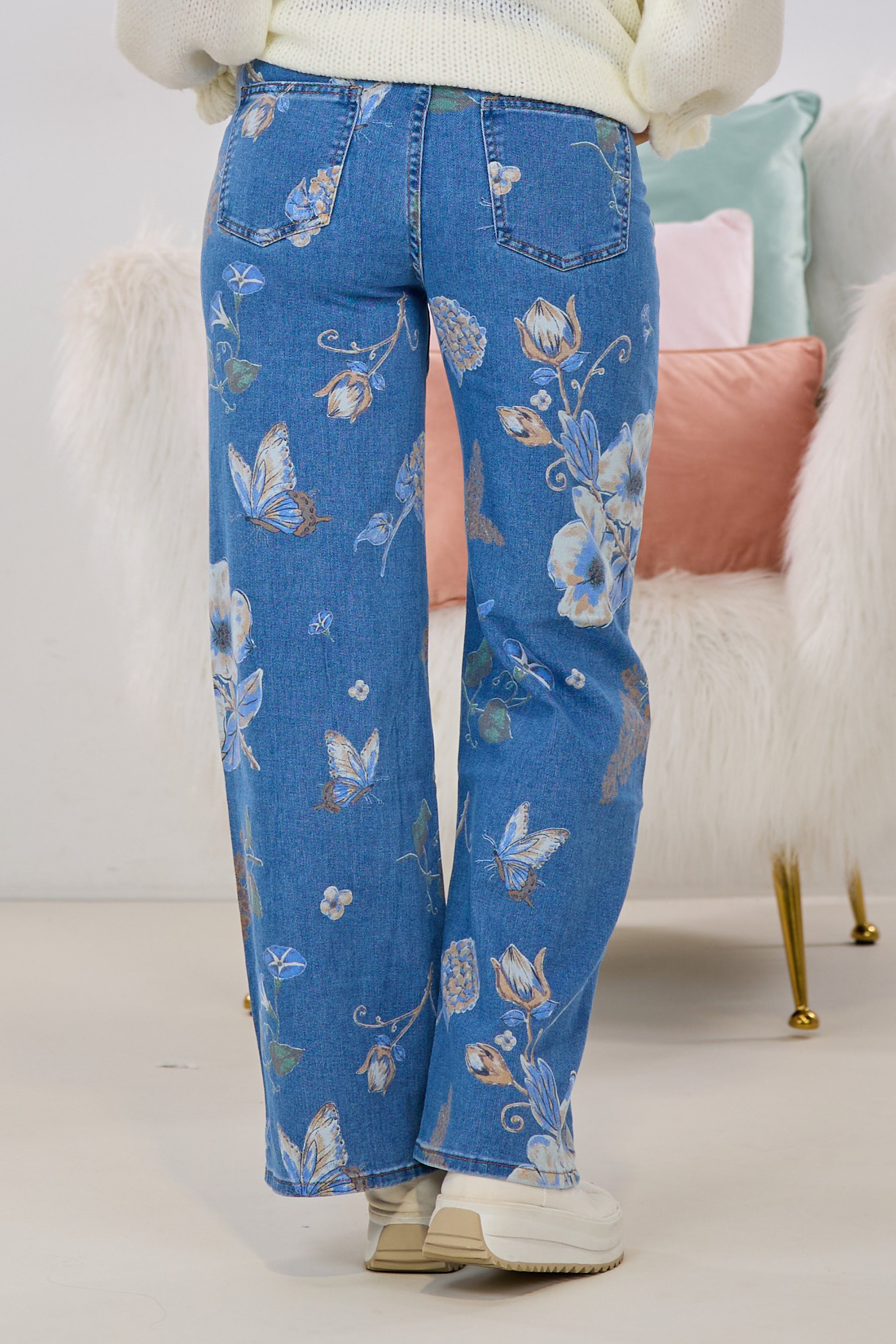 Mid Waist Jeans mit Blumen, denim