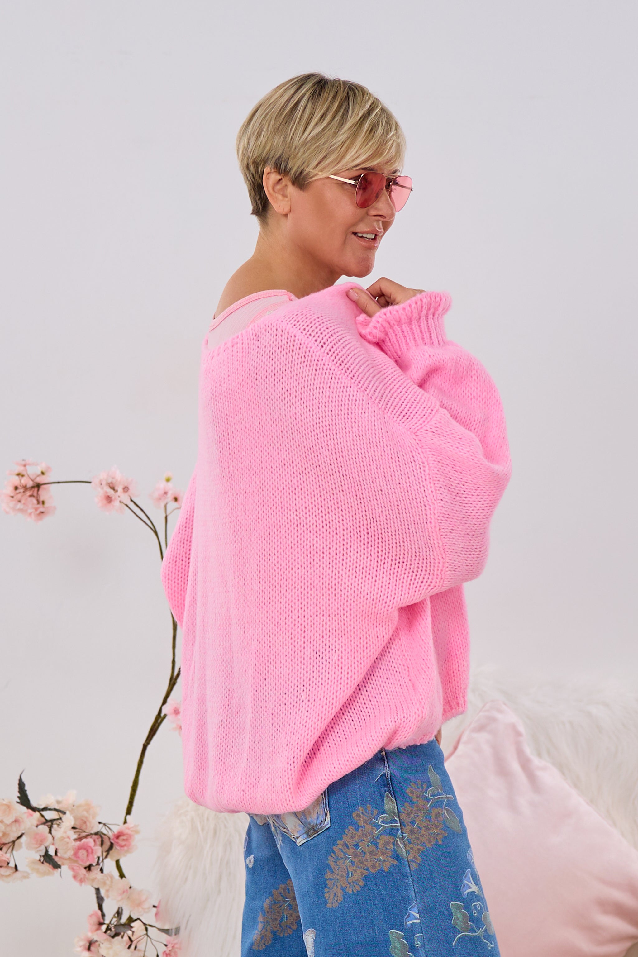Strickjacke mit Rüschen-Ärmlen, candy rosa