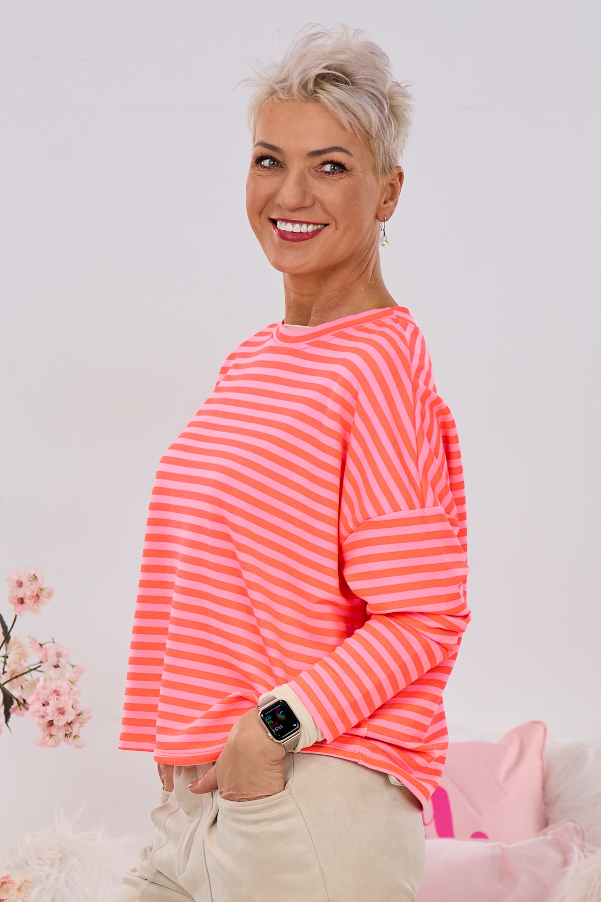 Schmal geringeltes Shirt, orange-rosa