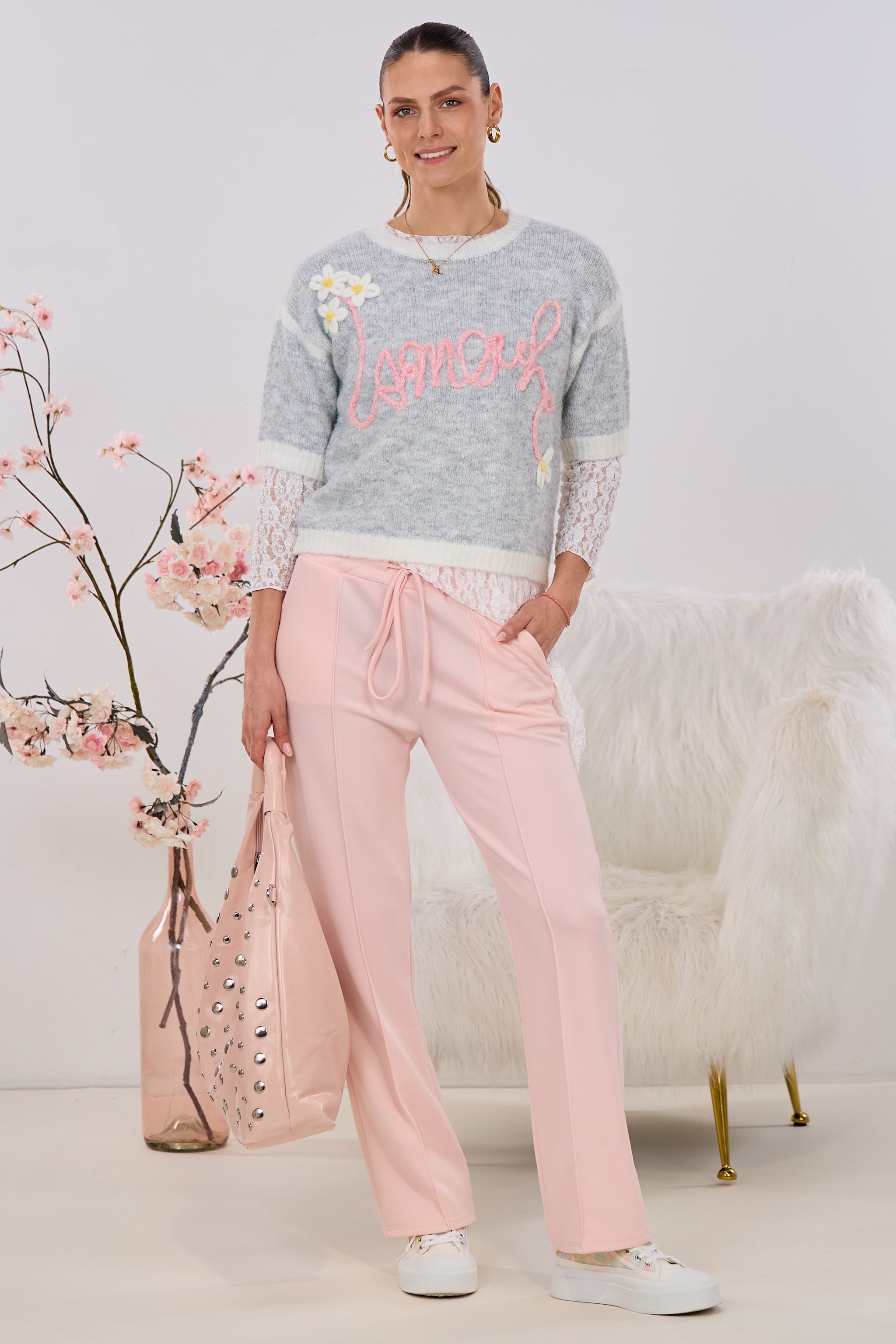 Cozy Hose mit Biese und Kordelzug, puderrosa