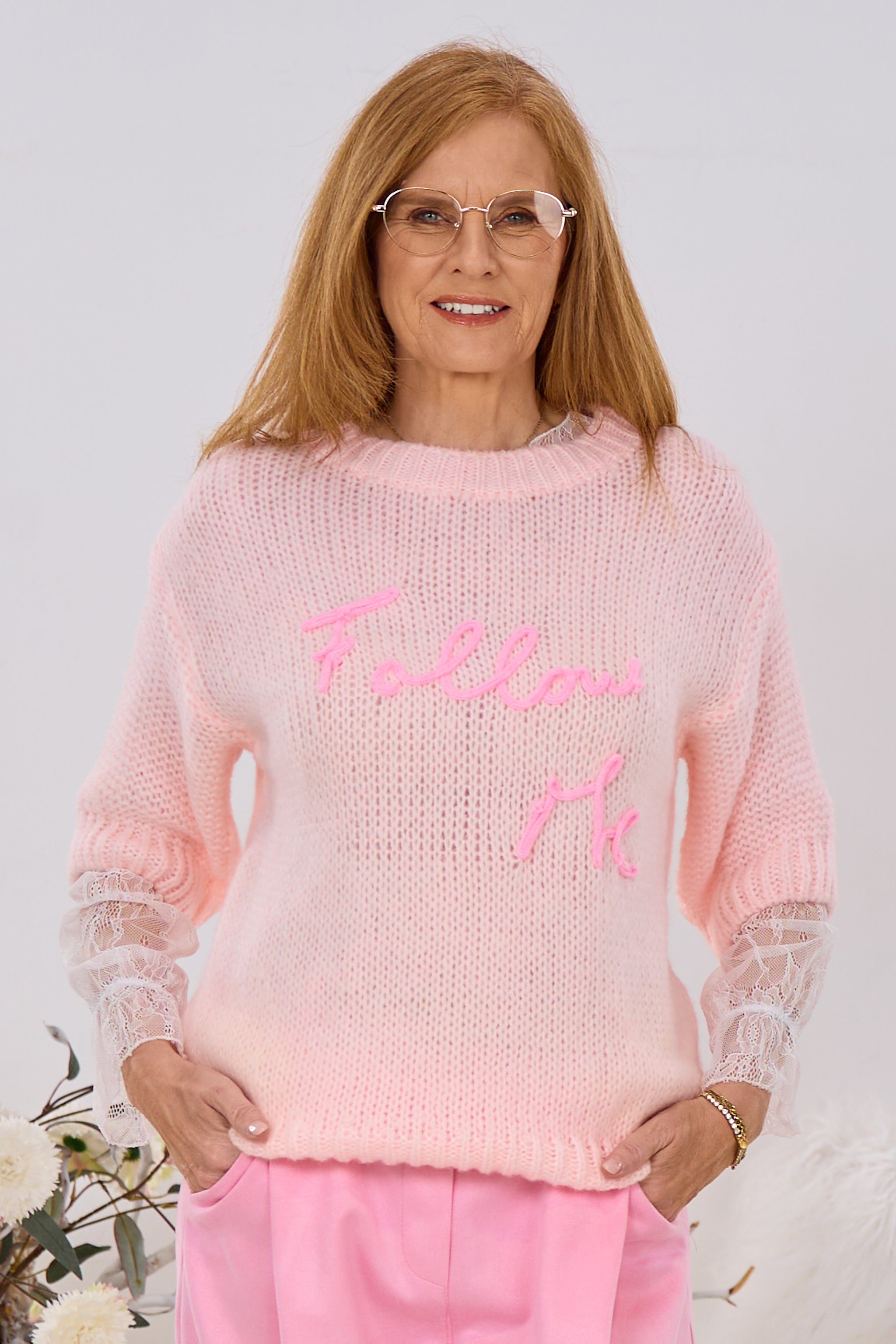 Kurzarm Strickpulli Follow Me, rosa